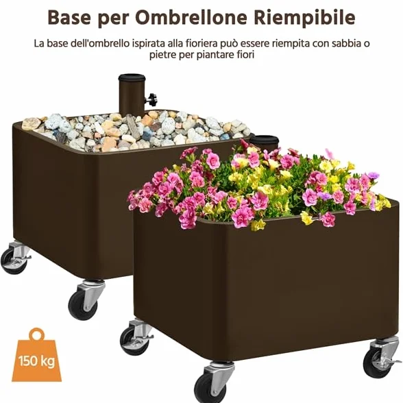 Yaheetech Base per Ombrellone con Ruote 2 Freni Riempibile e Piantabile con Sabbia o Pietre 150 kg per Pali da Ø38mm e Ø48mm con 13 Fori di Scarico Cortile Terrazza Giardino Esterno Marrone
