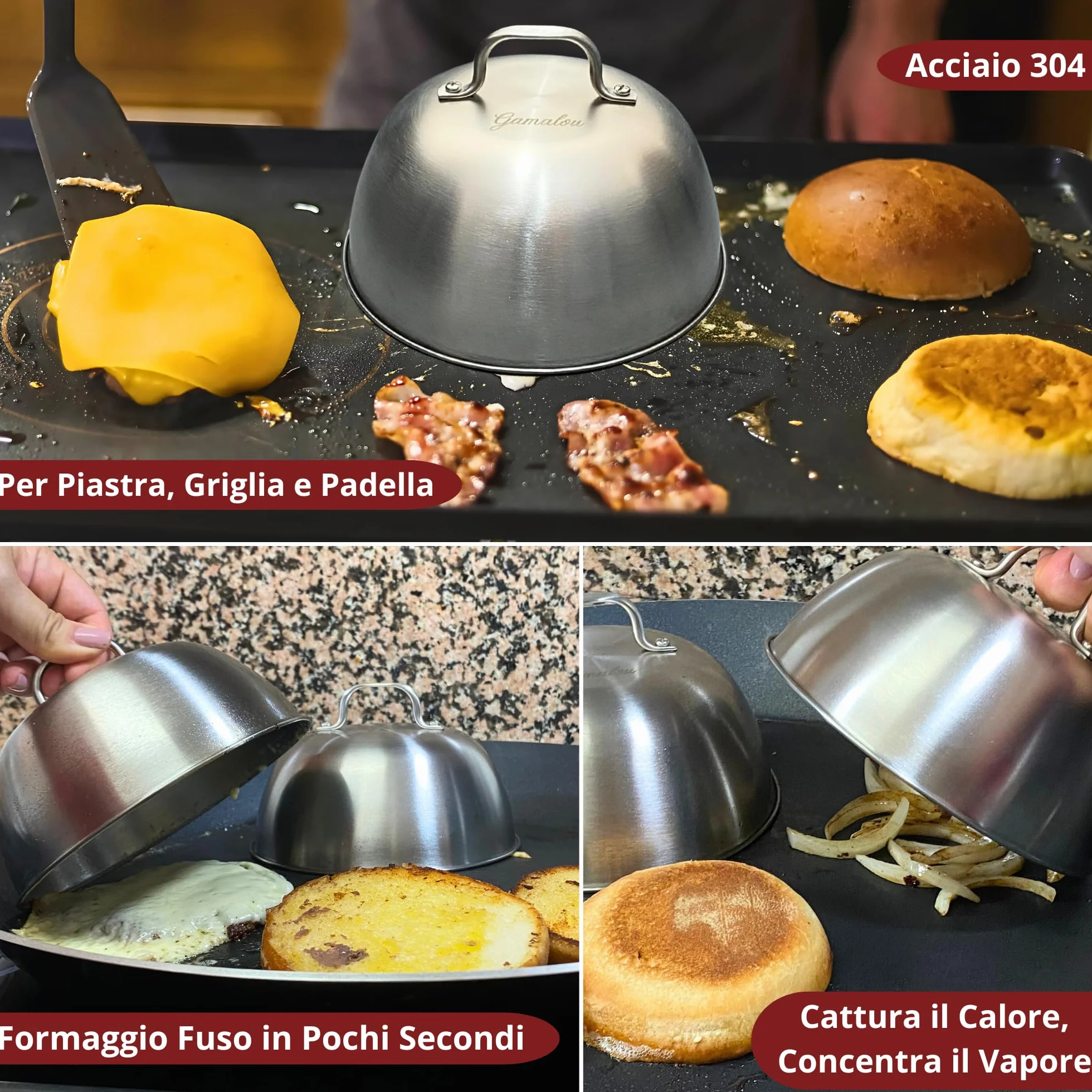 Smash Burger Kit Professionale in Acciaio Inox: Pressa Hamburger, Spatola 13 cm, Raschietto 10 cm, 2 Cloche, Anelli Uovo e Spargispezie per Griglia, Piastra, Padella – Certificato EU