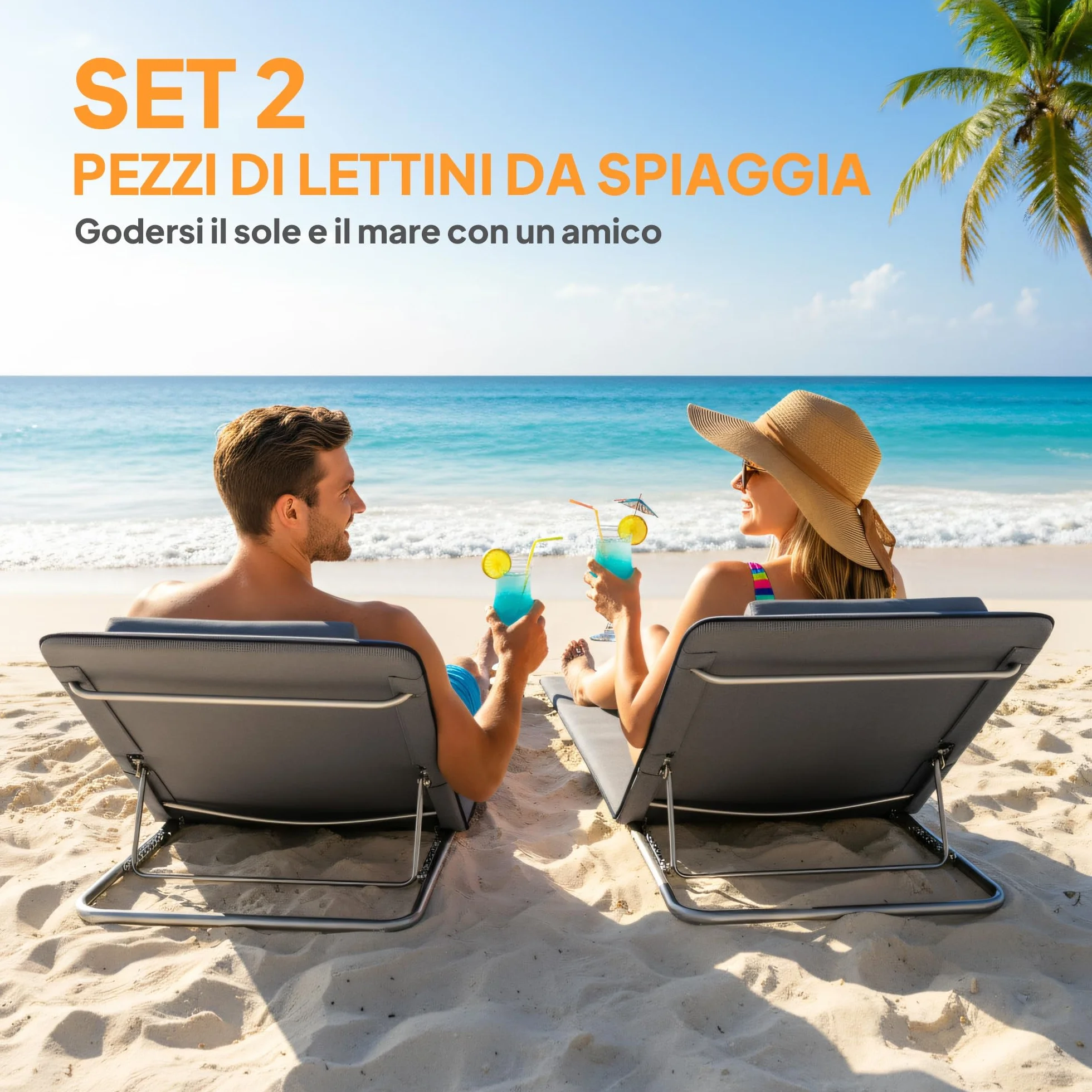Outsunny Sdraio da Spiaggia Pieghevole 2 Pezzi con Schienale Regolabile, Acciaio e PE, 134x48x33-43 cm, Grigio
