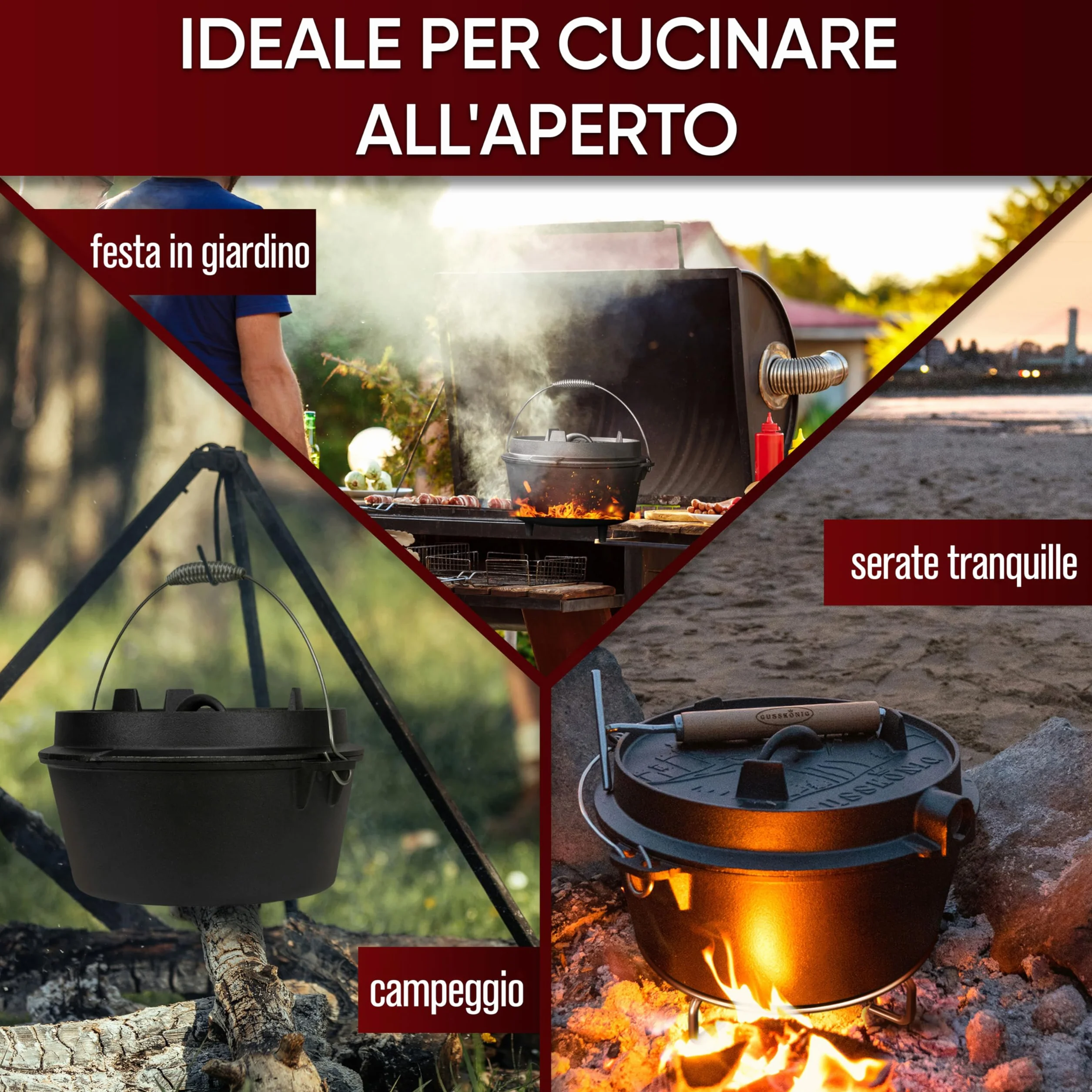 GUSSKÖNIG Set di pentole in ghisa con coperchio- 7 Litri-senza piedini -Teglia per il pane in ghisa-Incluso sollevatore del coperchio 2in1,spazzola e ricettario per il forno olandese [per3-5 persone]