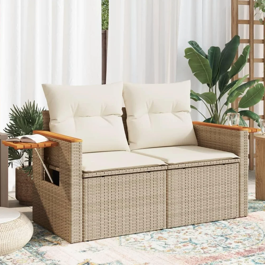 IKAYAA Divanetto da Esterno 2 Posti con Contenitore Divano da Giardino in Polyrattan Salotto da Giardino in Polyrattan Set da arredo per Esterno con Cuscini-Beige e Bianco-2 pz