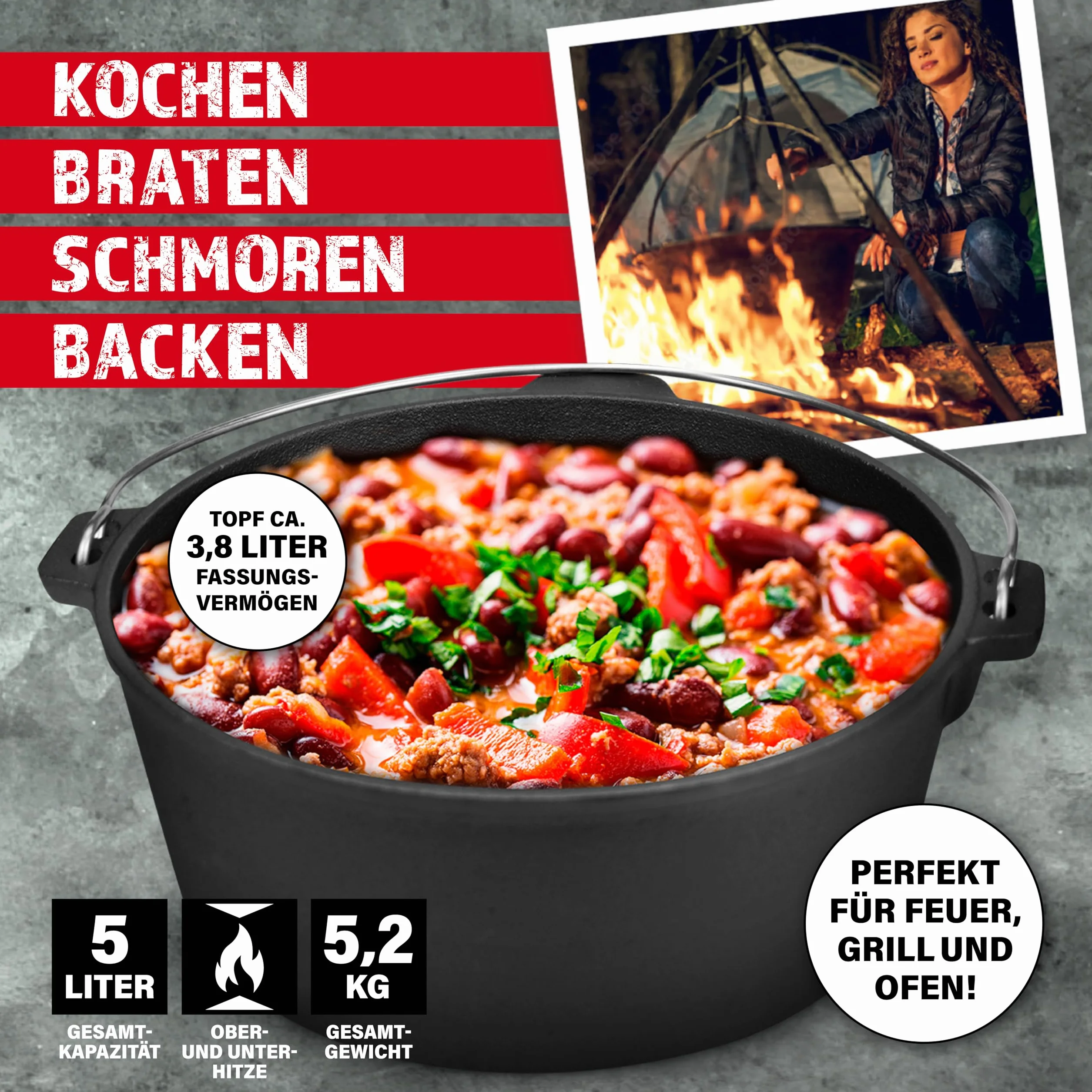 BBQ BOSS Dutch Oven [5L Capacità] Ghisa – Pentola – Cast Iron – Cast Iron – Casseruola – Bollitore per gulasch – Con coperchio