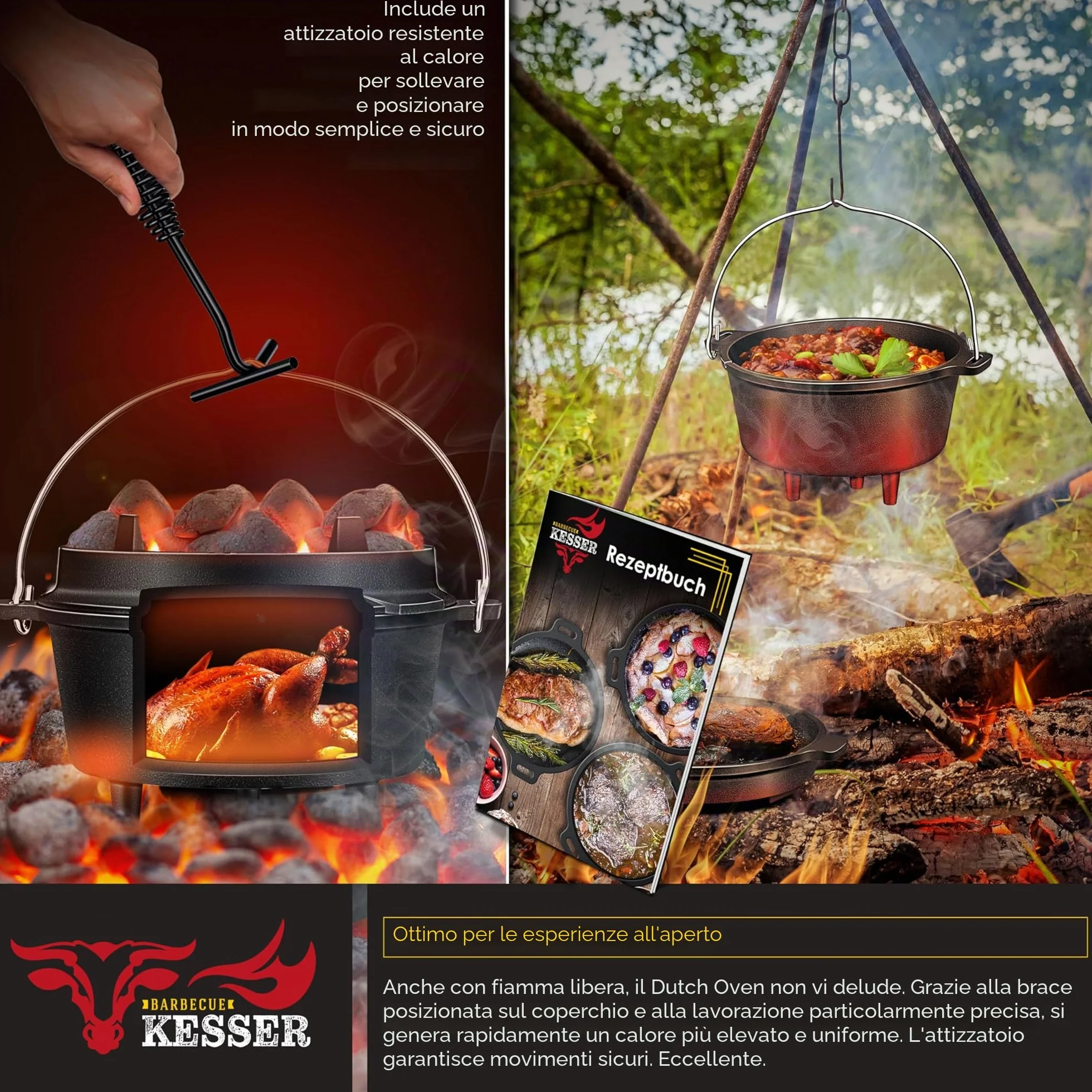 KESSER® Set forno olandese, Casseruola per barbecue, pentola in ghisa con manico per sollevare il coperchio e fessura per termometro, per barbecue, pentola per gulasch, uso esterno e interno