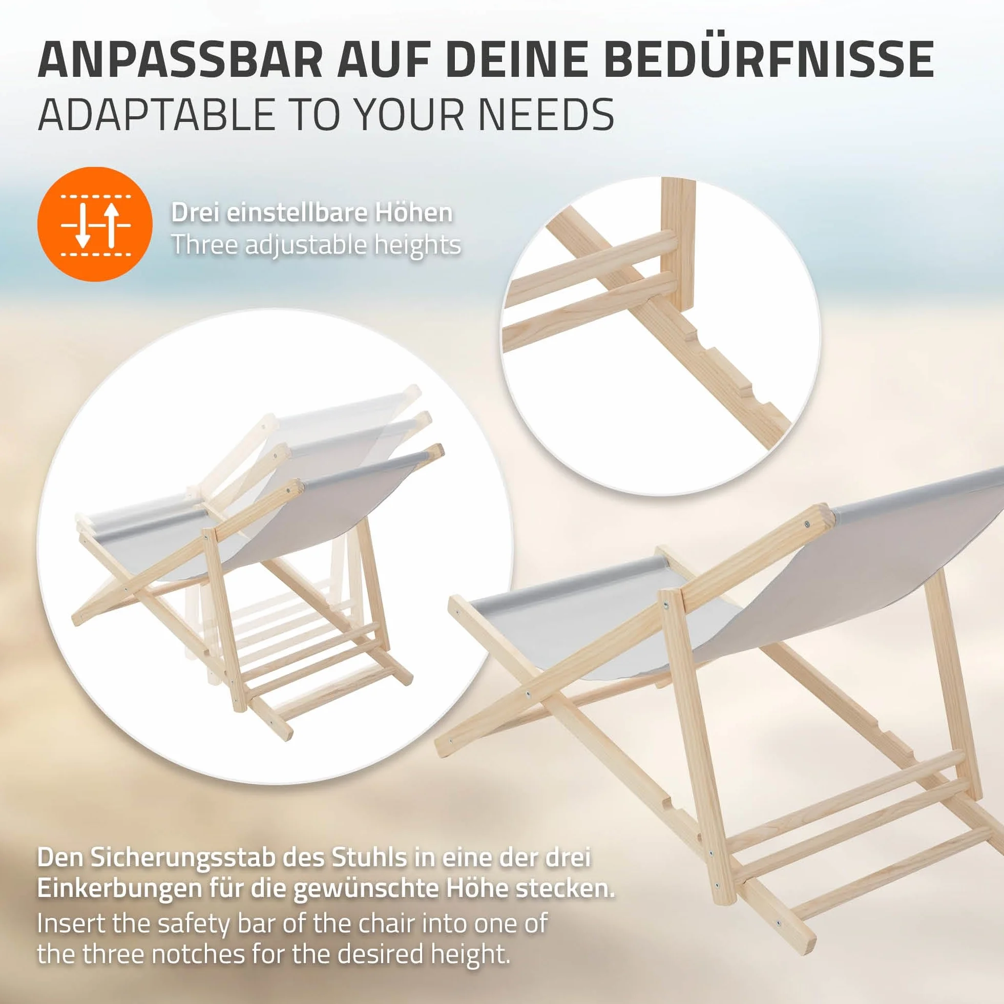 ECD Germany 10x Sedie a Sdraio Pieghevole in Legno con Tessuto Traspirante Grigio Chiaro Schienale Reclinabile in 3 Posizioni, Lettino Relax con Portata 120 kg per Spiaggia, Giardino e Terrazza