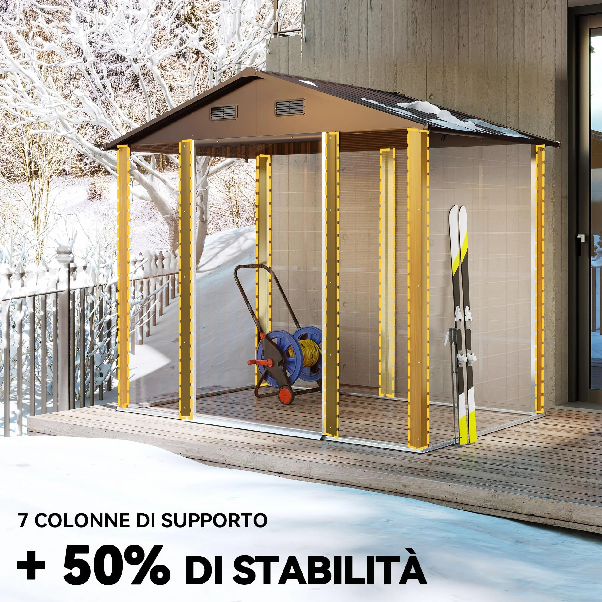 Outsunny Casetta da Giardino 4.07m² Acciaio Zincato con Porta Attrezzi Tetto Inclinato Doppie Porte Scorrevoli Bloccabili Marrone