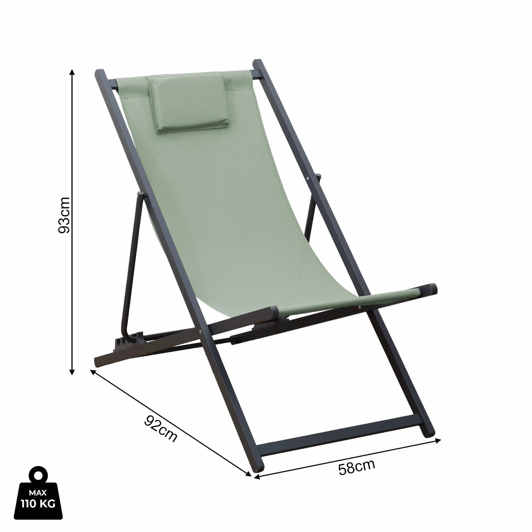 Rebecca Mobili Sdraio da Campeggio, Sedia a Sdraio Pieghevole, Verde Grigio Scuro, Alluminio Poliestere, Schienale Reclinabile, Salvaspazio - Misure HxLxP: 93 x 58 x 92 cm - Art. RE7145