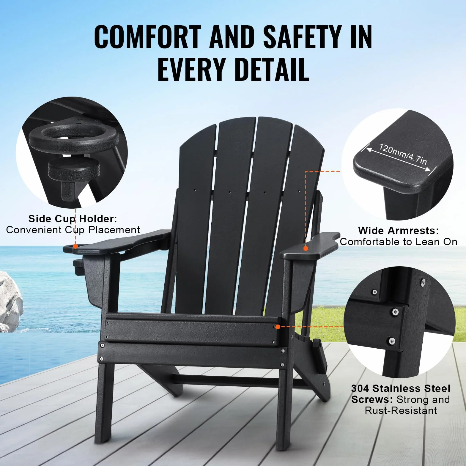 VEVOR Sedie Adirondack in Plastica Set di 2, Sedie da Esterno Pieghevoli Portatili Resistenti alle Intemperie per Patio con Portabicchieri, Bracciolo Rilassante Ergonomico, per Giardino Cortile, Nero