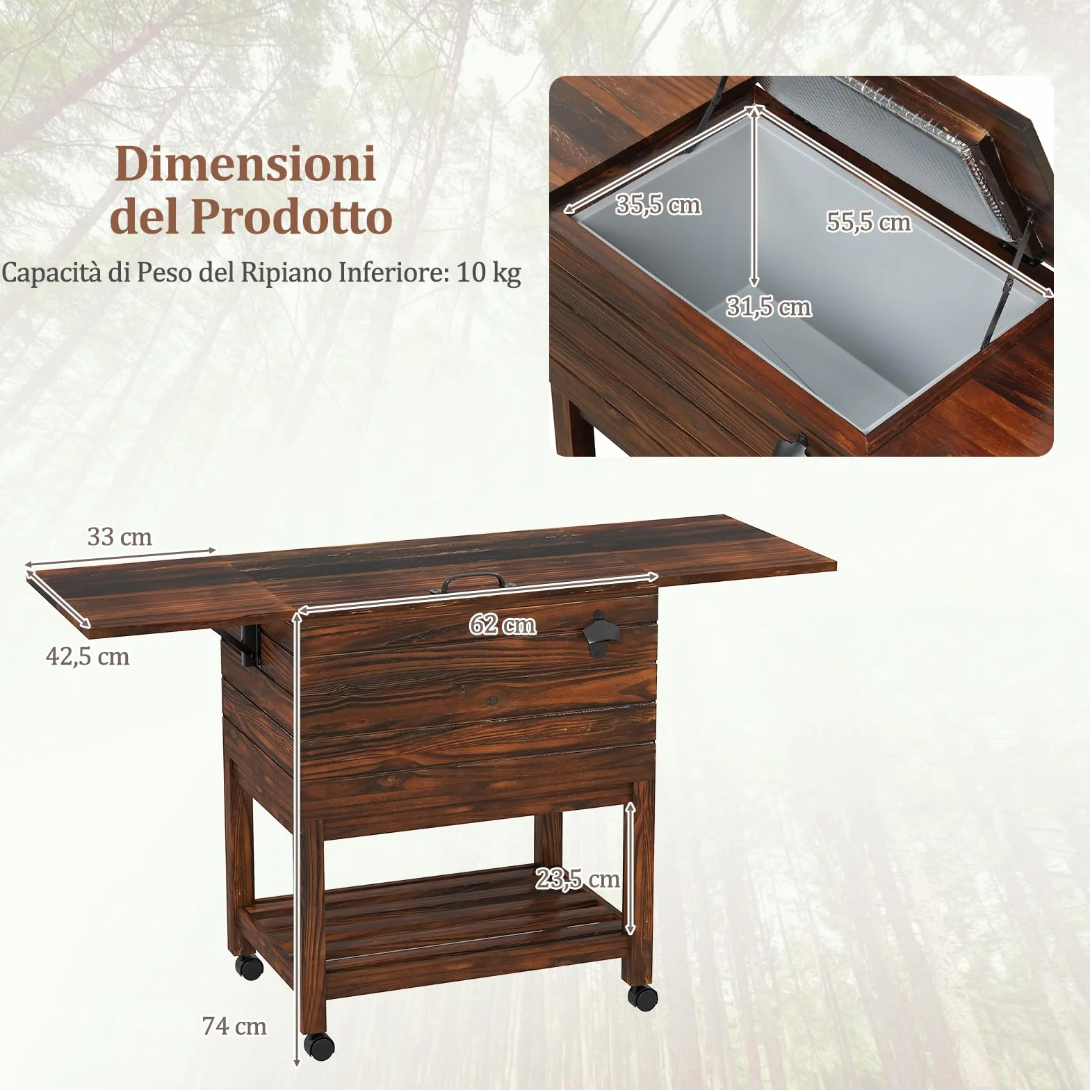 COSTWAY Carrello Porta Ghiaccio in Legno 51 L con Ripiani, Ruote Bloccabili e Apribottiglie