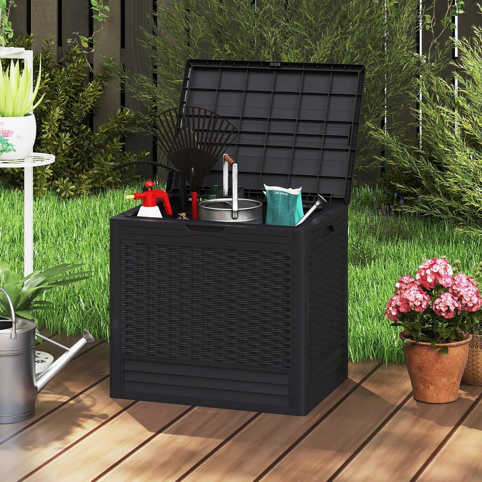 GIANTEX Contenitore da 96L, Scatola da Terrazza in PP Impermeabile per Uso Interno ed Esterno, Contenitore con Design in Rattan Chiudibile a Chiave per Consegna Pacchi (Marrone)