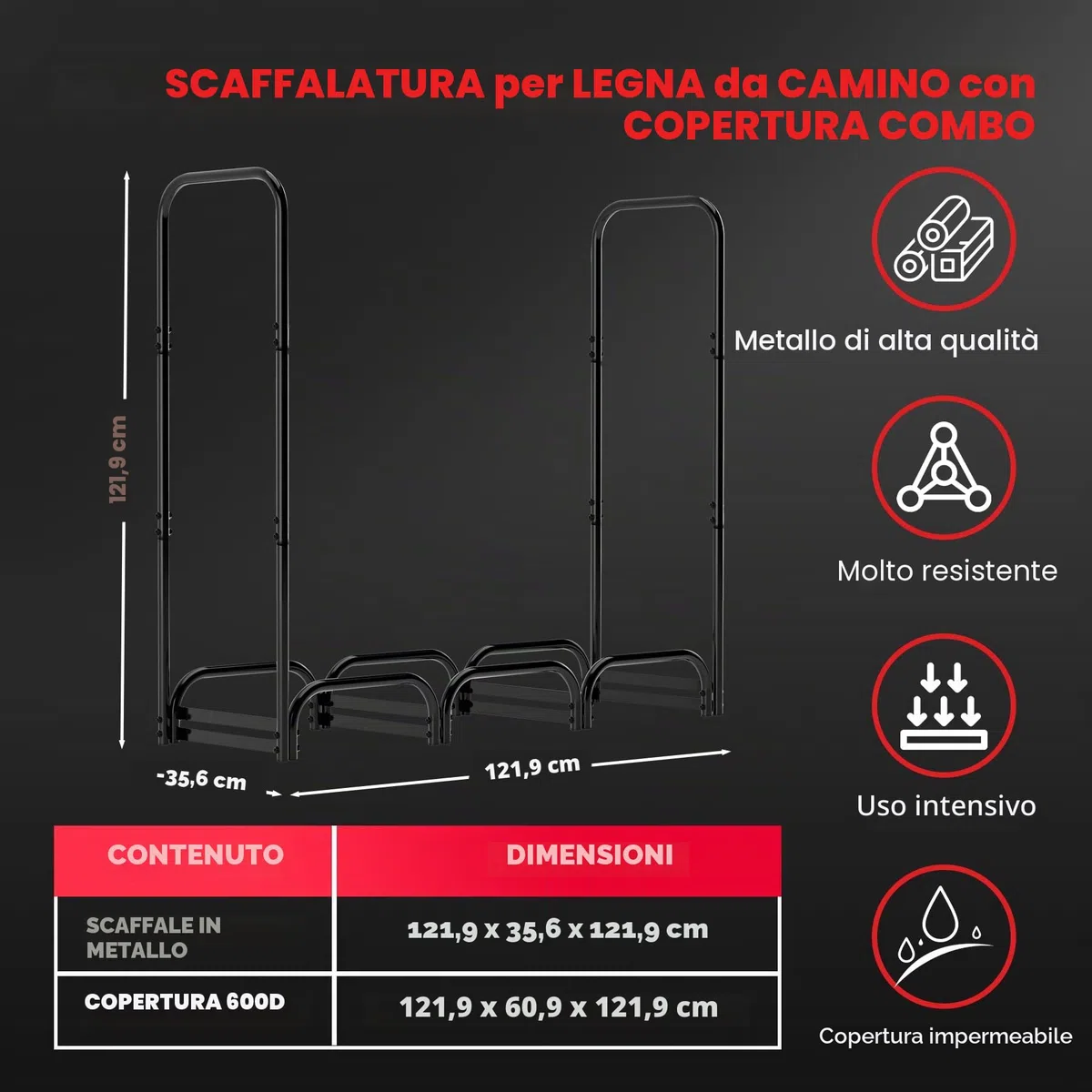 Zettum Portalegna da Esterno in Metallo 121x35x121 CM, Impermeabile con Coperchio Rivestimento PU 600D
