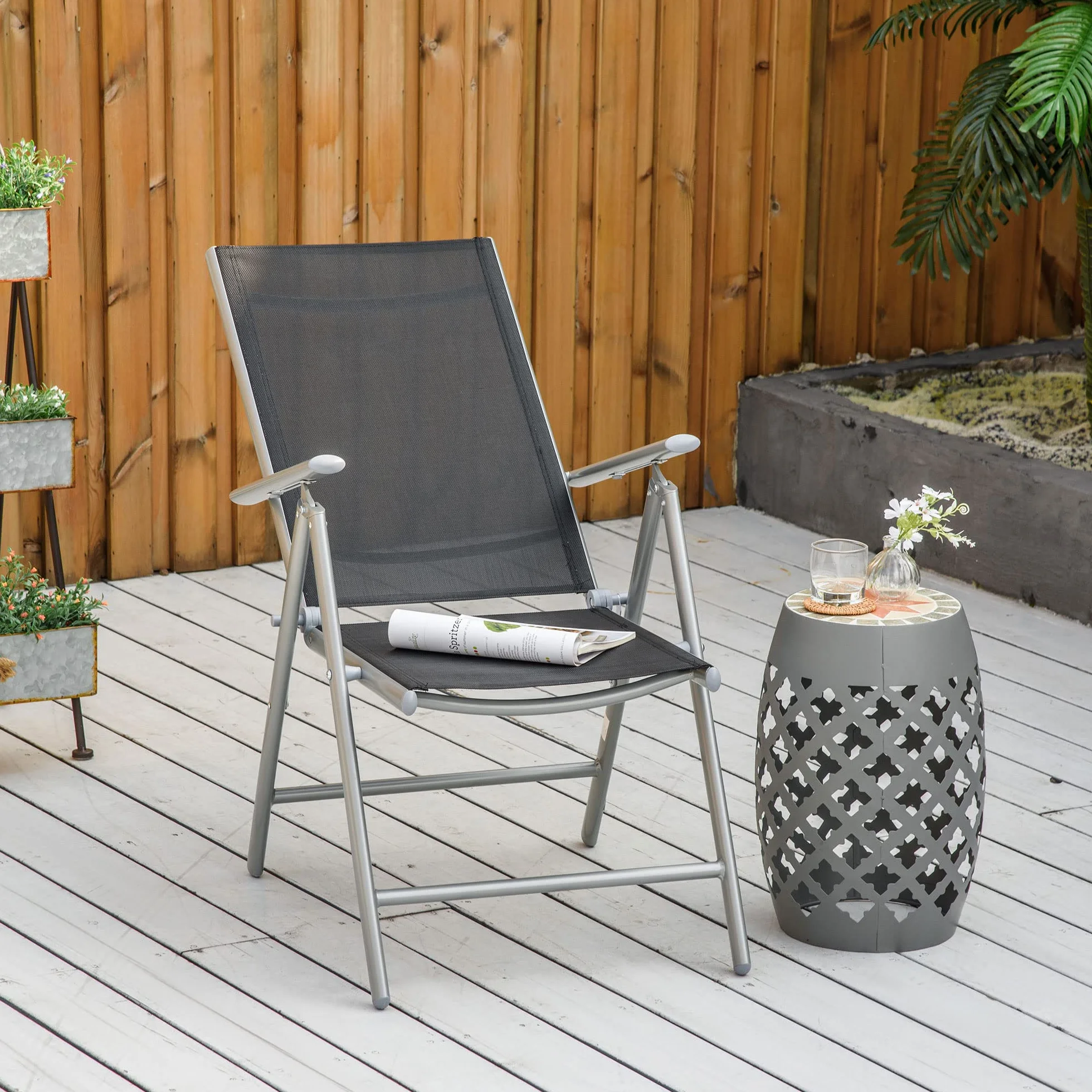 Outsunny Sedia da Giardino Pieghevole Alluminio Texteline Schienale Regolabile 7 Livelli Nero 65x55x85-105cm
