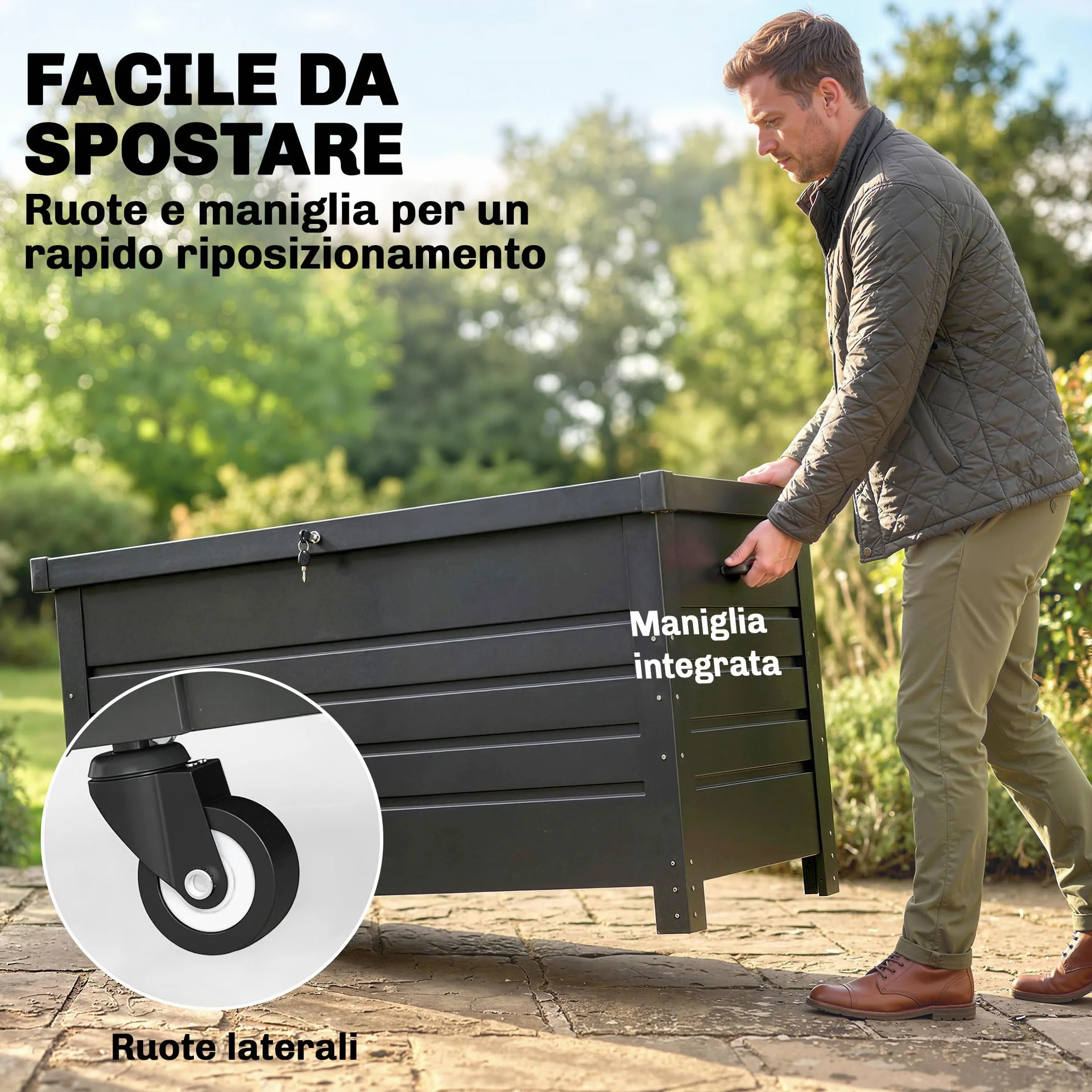 Outsunny Baule da Esterno 350L Acciaio Rinforzato con Coperchio Bloccabile, Pistoni a Gas, Ruote, Grigio