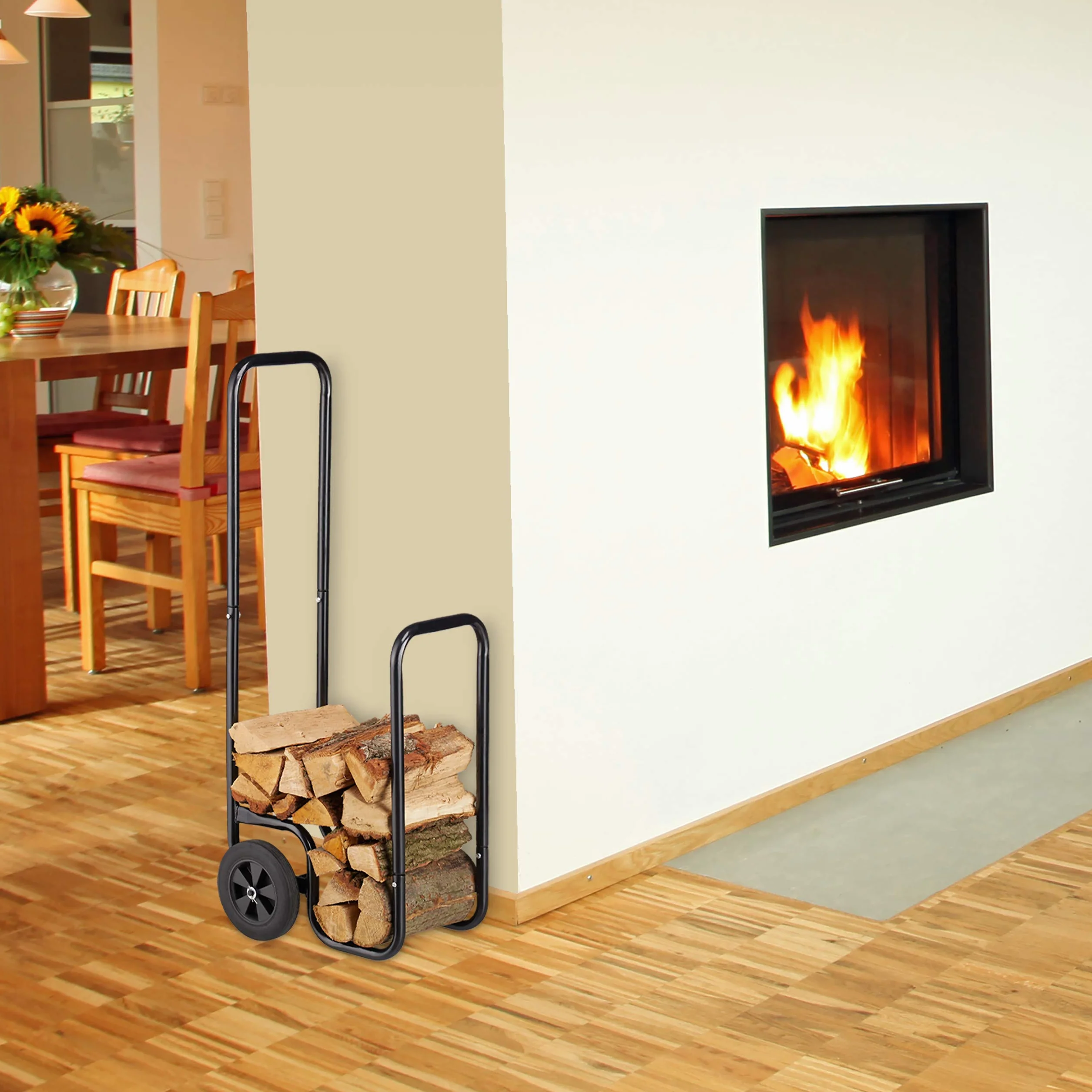 Relaxdays Carrello per Legna in Acciaio con 2 Ruote, Capacità di Carico 60 kg, Nero