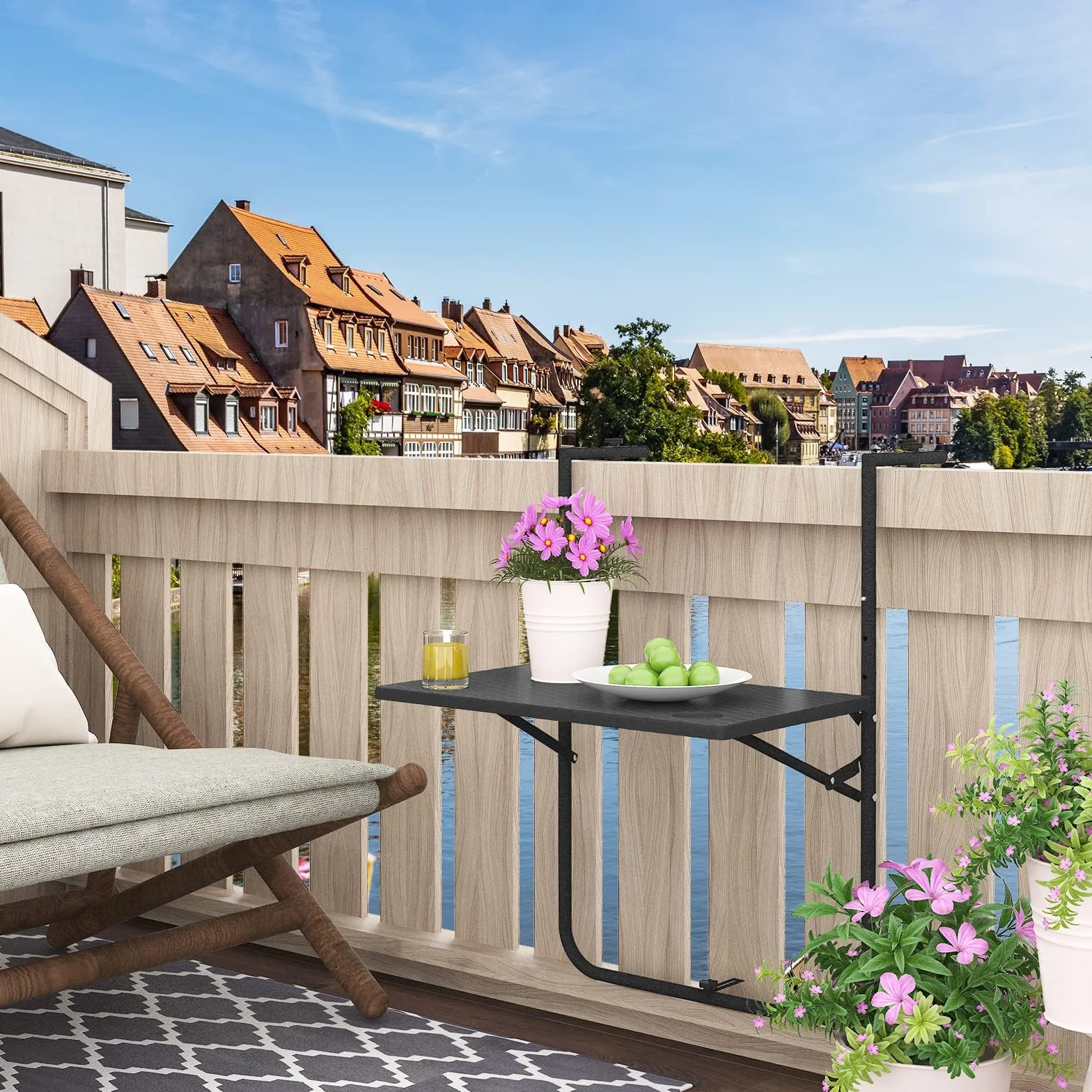 WOLTU Tavolino Pieghevole da Balcone Regolabile in 3 Altezze, Tavolo Sospeso per Ringhiera, Rattan, Nero