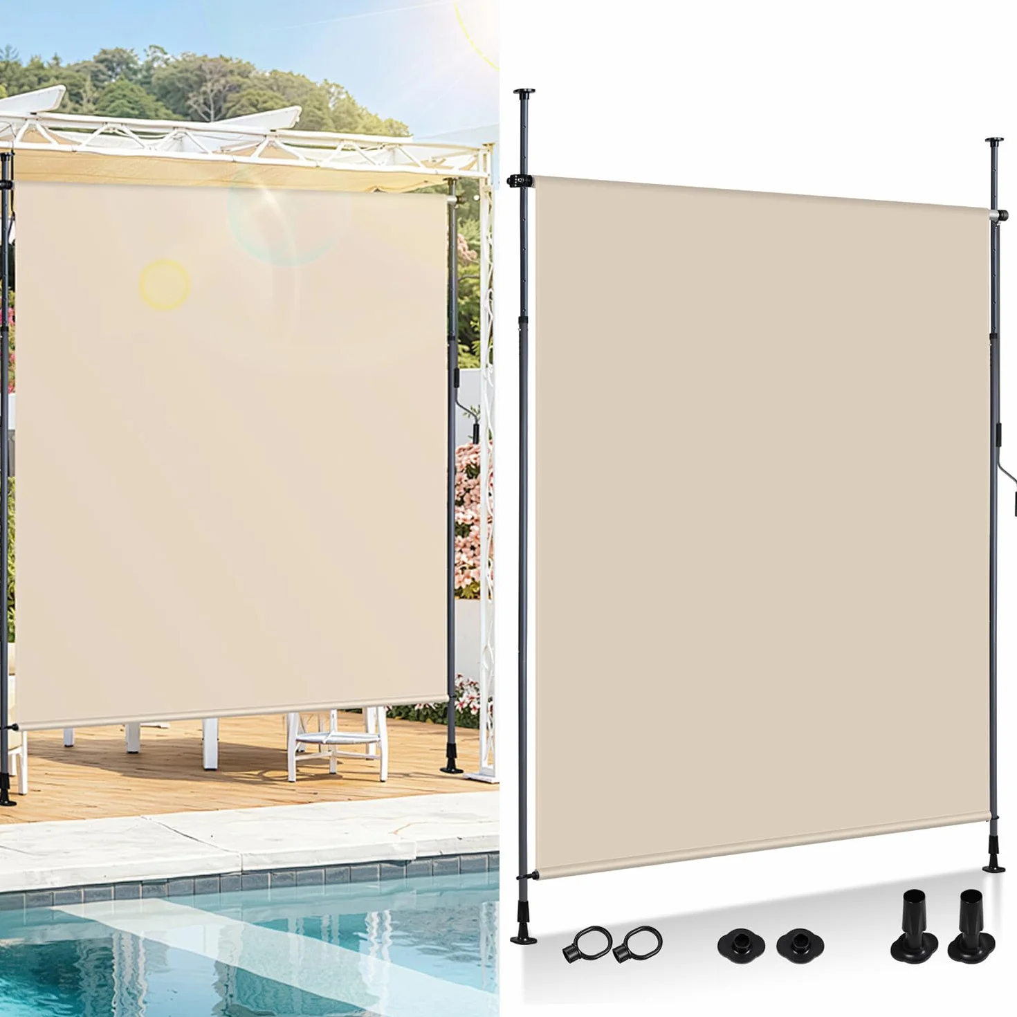 Tenda da sole verticale per esterni 200x270 cm allungabile con morsetto e manovella beige