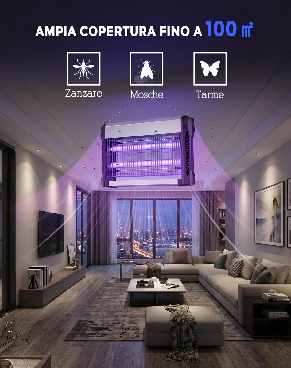 Zanzariera Elettrica 20W, Lampada Antizanzare con Griglia 2500V, Copertura 100㎡, Ammazza Insetti Professionale Silenzioso, Ignifugo V0, per Interni, Casa, Cucina, Ufficio e Camera da Letto