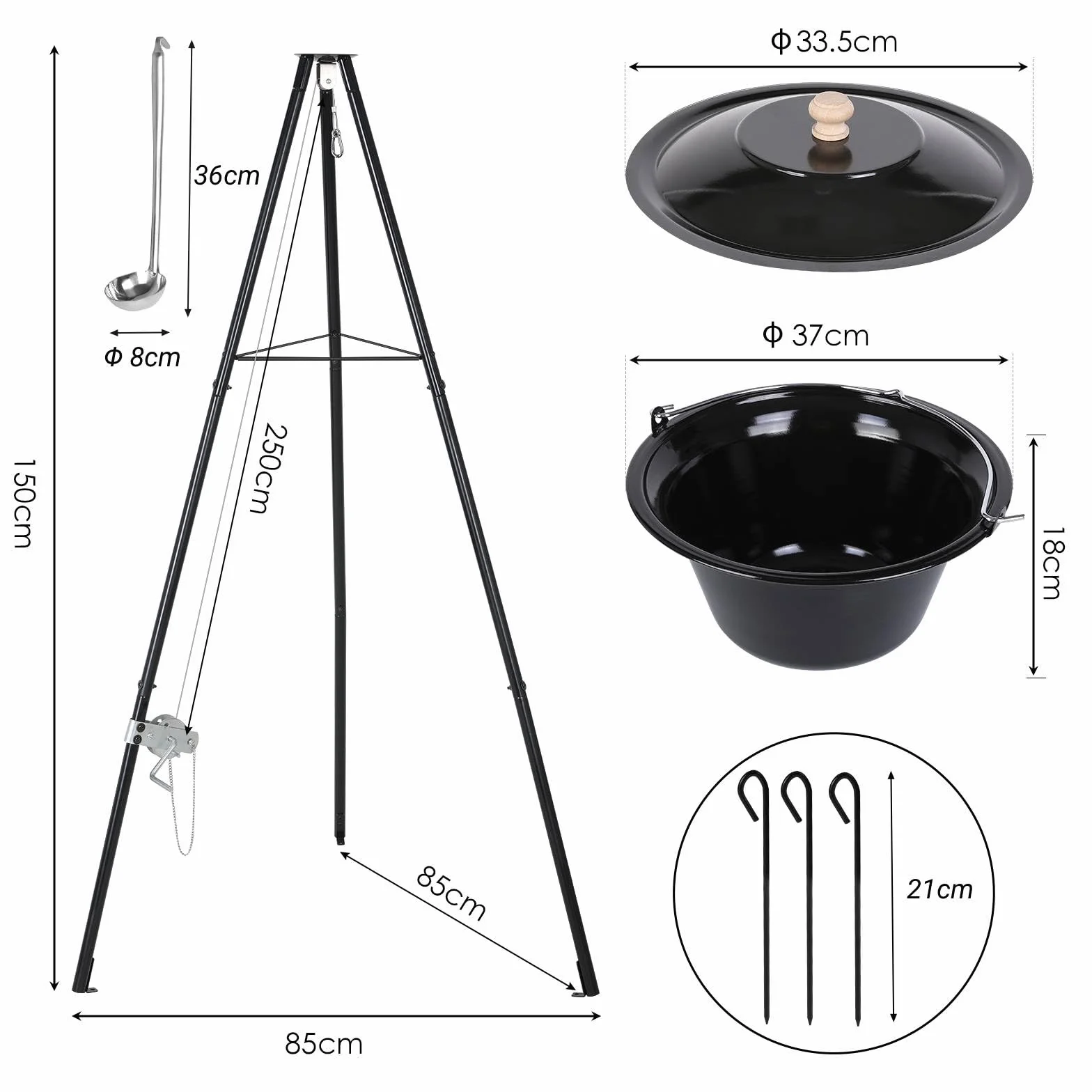 TLSUNNY Bollitore per Gulasch Ungherese Originale 10 L, Telaio per Treppiede con Regolazione, Set di Pentole per Gulasch, Pentola per Gulasch Smaltata, Treppiede Telescopico con Picchetti per Picnic