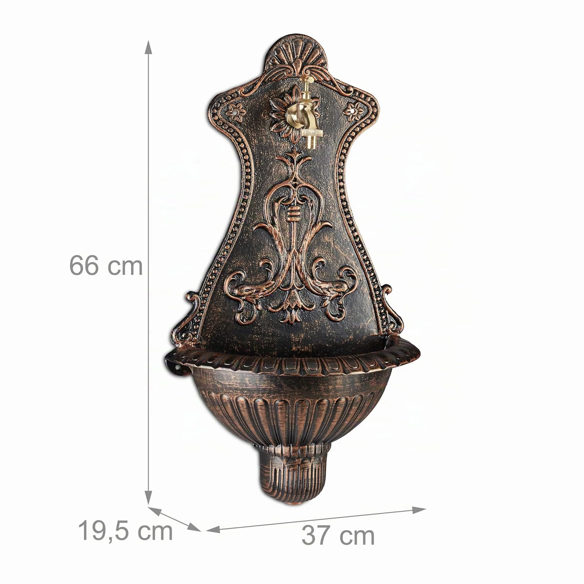 Relaxdays Fontana da Parete, Giardino, Stile Antico, Rubinetto, Vaschetta, da Parete, HxLxP: 66 x 37 x 19,5 cm, Bronzo