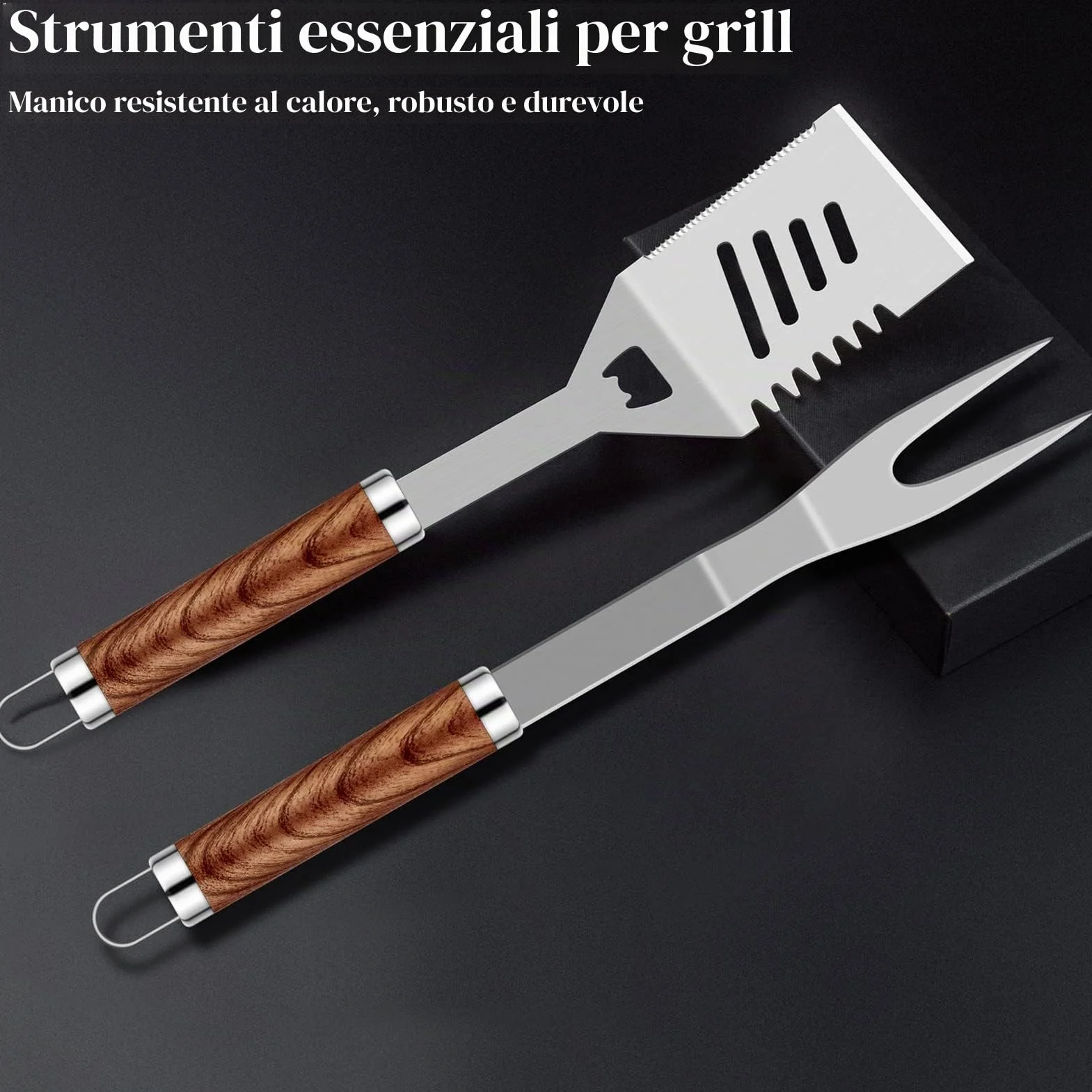 Grilliance Set di 38 posate per barbecue, in acciaio inox, accessori per barbecue per uomini, regalo di compleanno, set di utensili per barbecue di alta qualità, valigetta per barbecue，marrone
