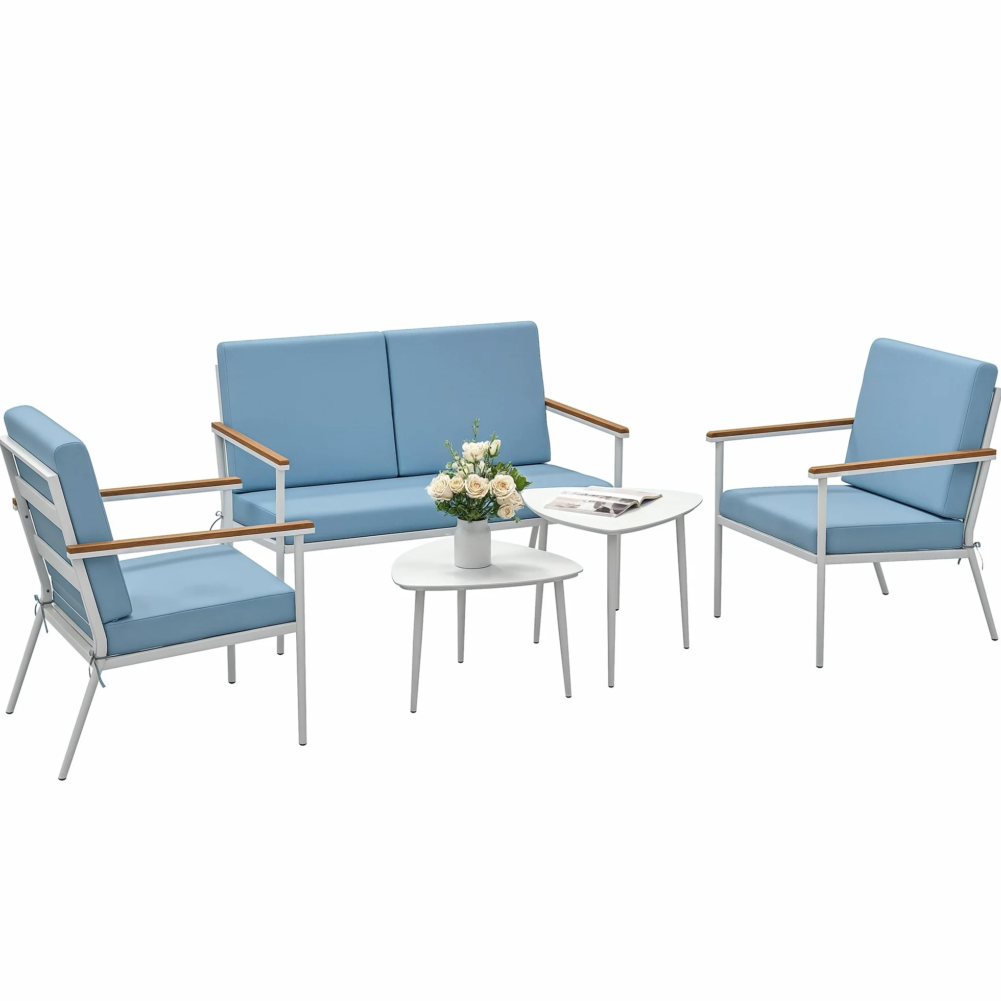 Outsunny Set Salotto da Giardino 5 Pezzi con Divanetto 2 Posti, Poltrone e Tavolino in Vetro, Azzurro