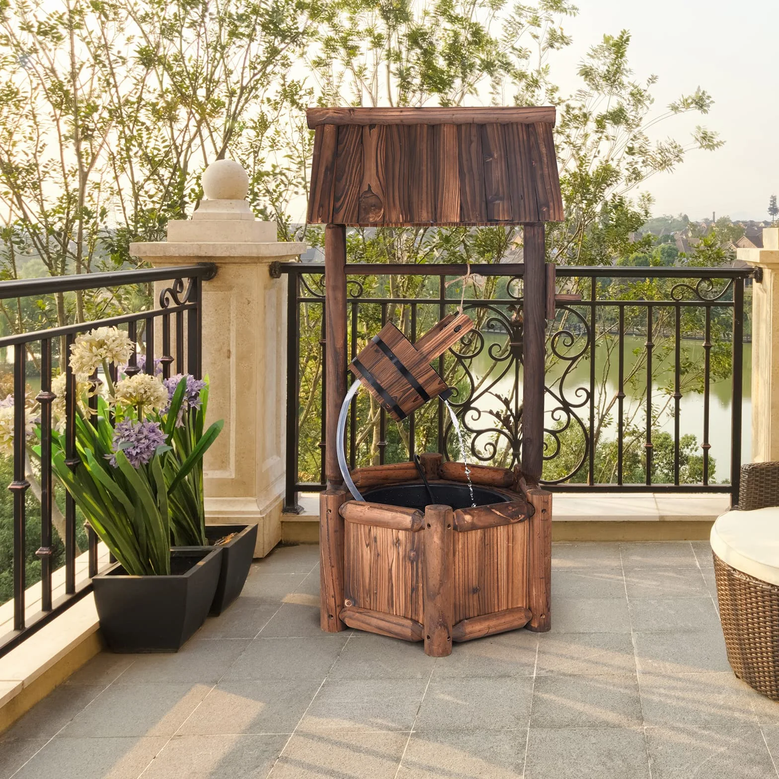 COSTWAY Pozzo da Giardino, Pozzo Decorativo con Pompa Elettrica, in Legno d'Abete, 58,5 x 51 x 117 cm, Marrone (Modello 2)