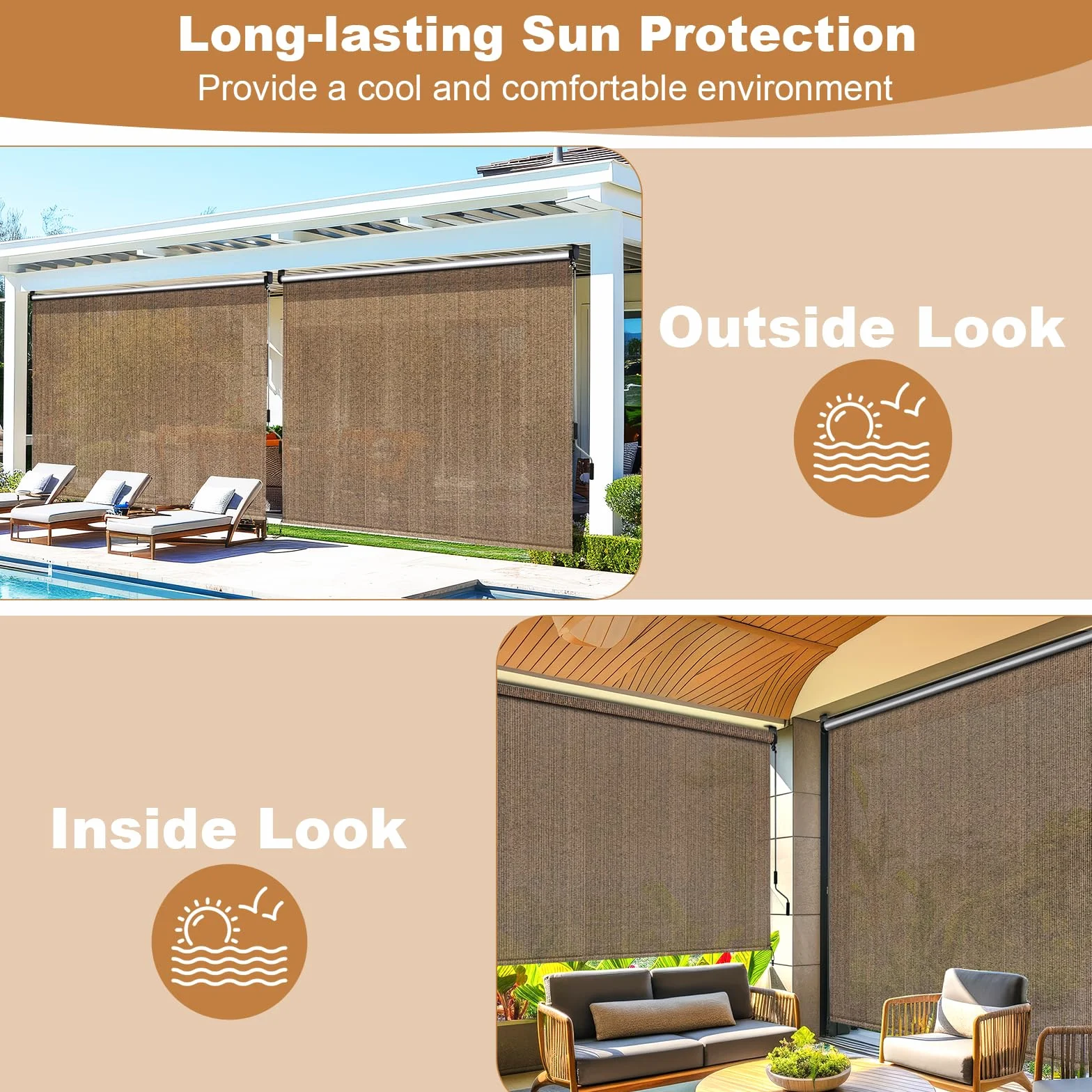LIFERUN Tenda da sole verticale 300 x 240 cm HDPE per terrazza balcone giardino alluminio manovella marrone