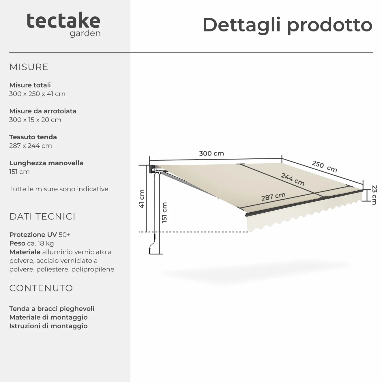 Tectake Tenda da Sole Esterno Bracci Estensibili Avvolgibile Impermeabile Protezione UV 300x250 cm Beige