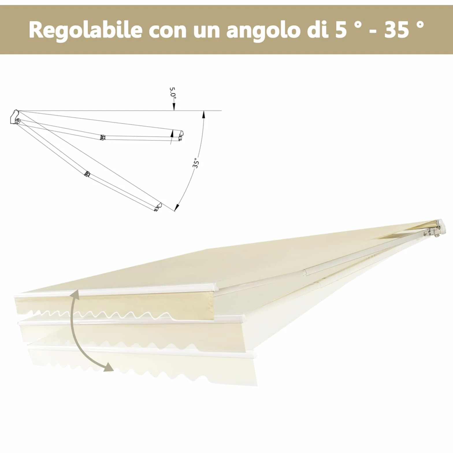 COSTWAY Tenda da Sole per Esterno Avvolgibile 3,6 x 3 M, Bracci Estensibili in Alluminio, Resistente al Sole e Impermeabile, Beige