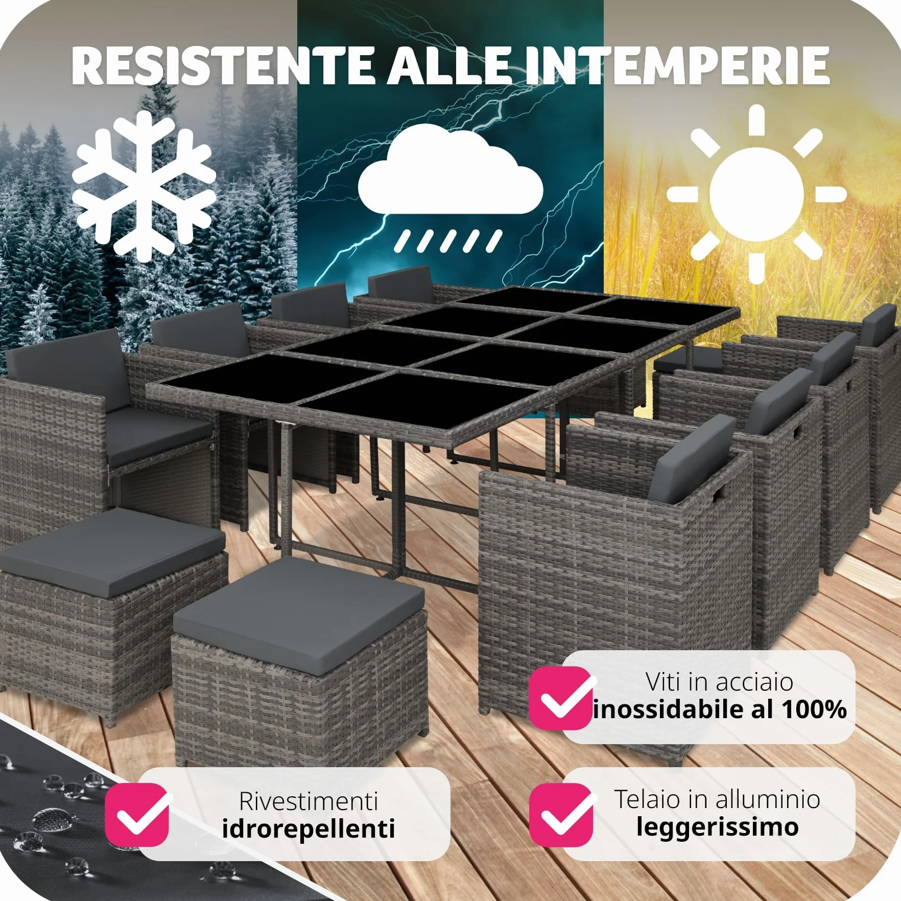 Tectake Set Mobili da Giardino in Poli Rattan 8 Sedie 1 Tavolo 4 Sgabelli Rivestimenti Rimovibili Idrorepellenti Grigio