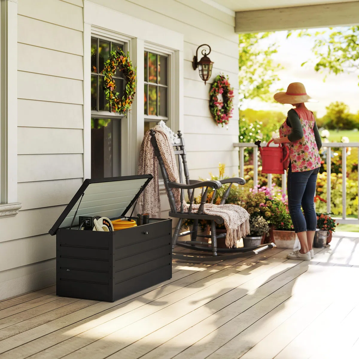Outsunny Panca Baule Contenitore da Giardino con Chiave, Cassapanca Moderna in Acciaio, Grigio, 120x62x62cm