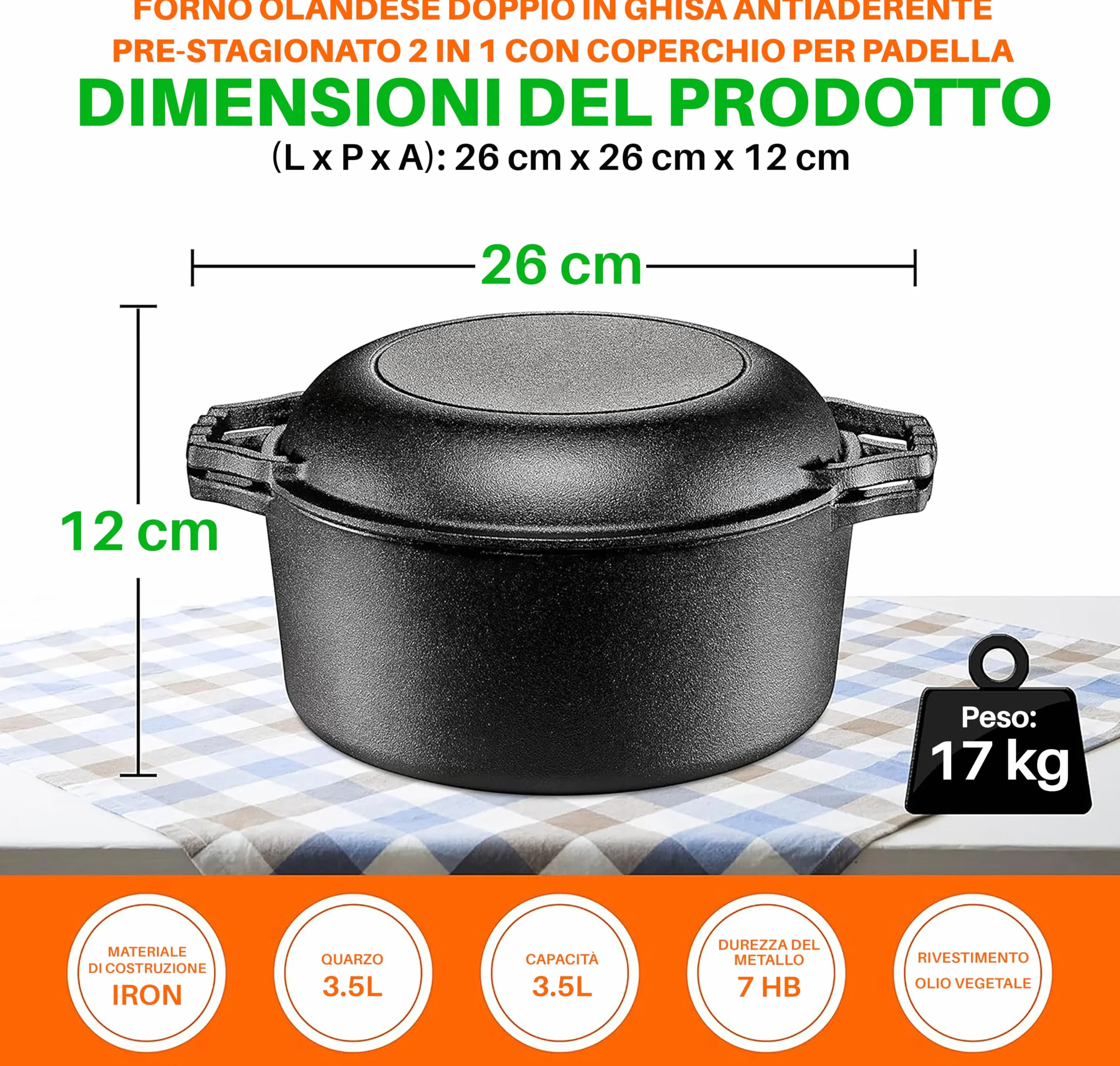 NutriChef Forno Olandese in Ghisa, Antiaderente Pre-Stagionato Doppio, Pentola e Coperchio con Manico, Adatto per Forno, Stufa, Griglia e Campeggio