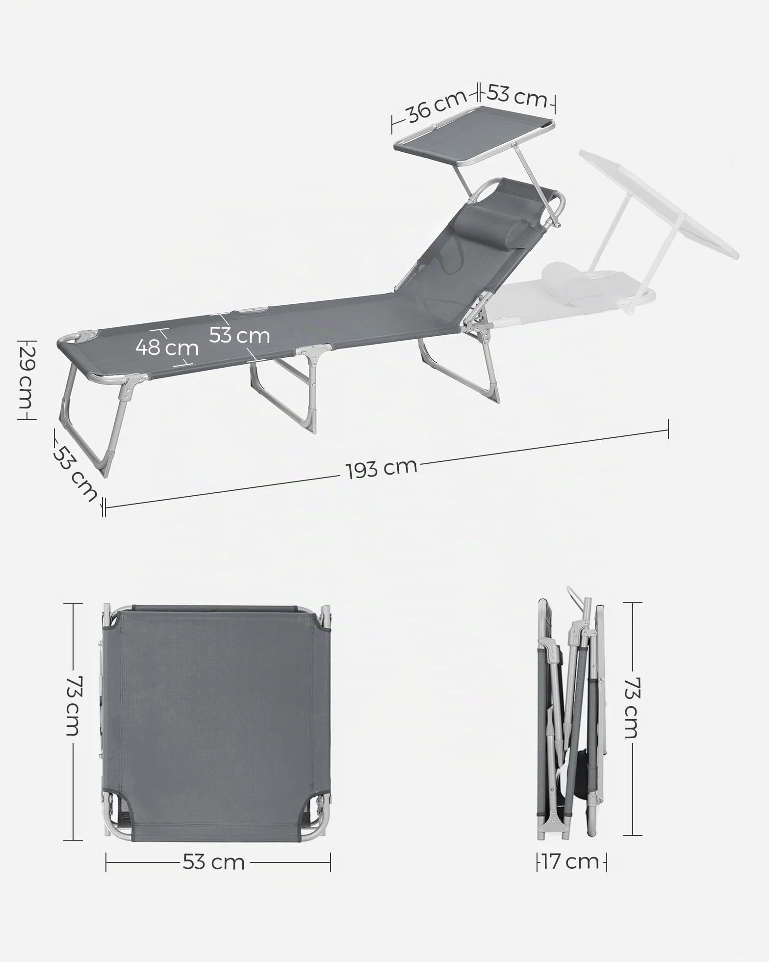 SONGMICS Lettino Prendisole Pieghevole 193x53x29 cm Max Portata 150 kg Poggiatesta Parasole Schienale Reclinabile Grigio Scuro