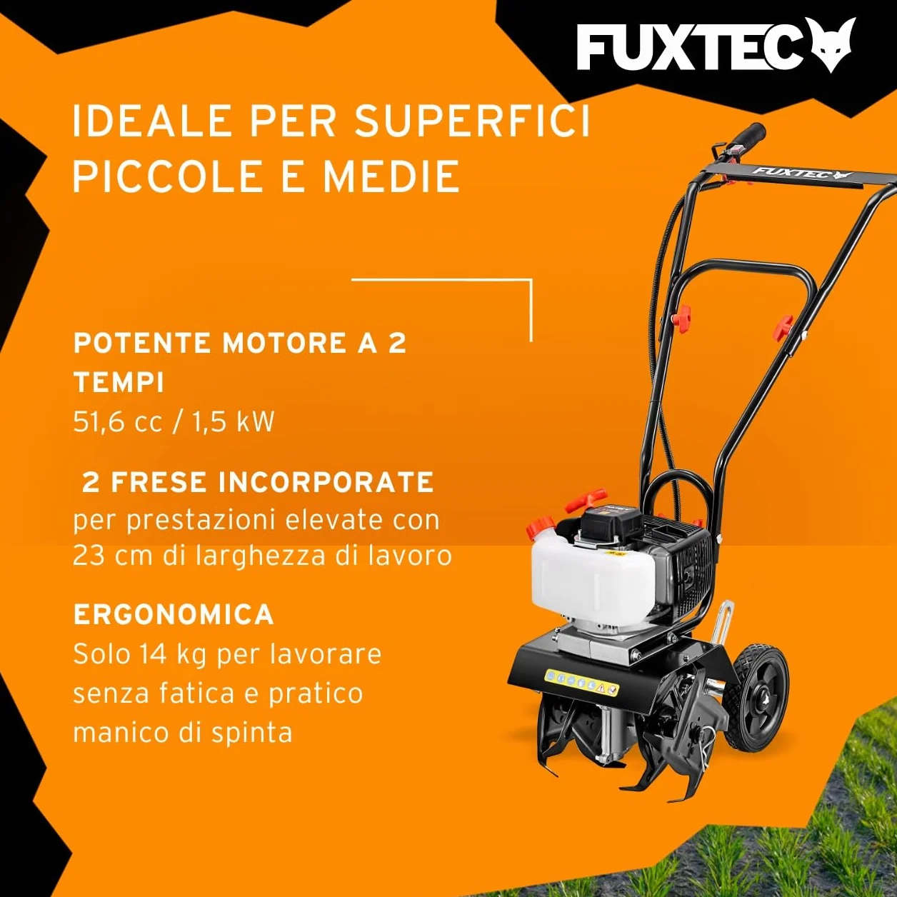 FUXTEC Motozappa a Scoppio FX-AF152 – Potente fresatrice a benzina con motore 2 tempi, larghezza di lavoro 23 cm, cilindrata 51,6 cc, 2 frese da 70 mm, peso netto 14 kg