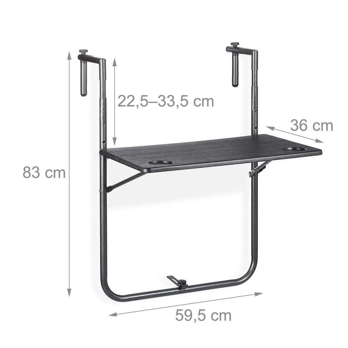 Relaxdays Tavolino Pieghevole per Balcone, 3 Altezze Regolabili, 59,5x36 cm, Effetto Legno Nero