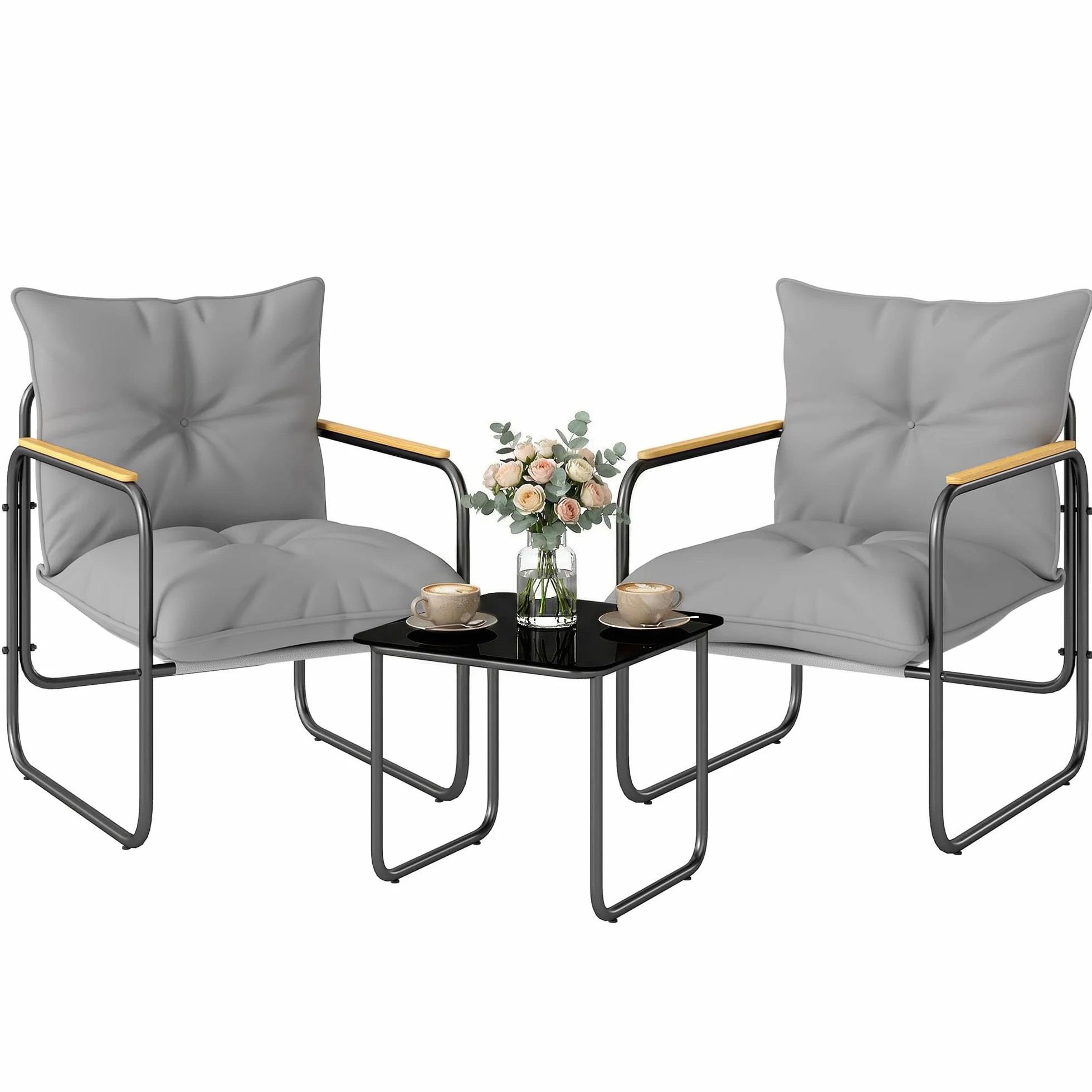 Outsunny Set da Bistrò 3 Pezzi, Set da Giardino in Metallo con 2 Sedie Texteline, Tavolo in Vetro, Cuscini Spessi, Grigio Scuro