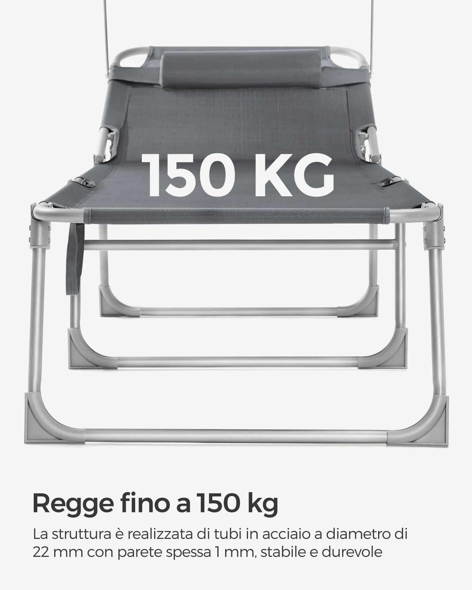 SONGMICS Lettino Prendisole Pieghevole 193x53x29 cm Max Portata 150 kg Poggiatesta Parasole Schienale Reclinabile Grigio Scuro