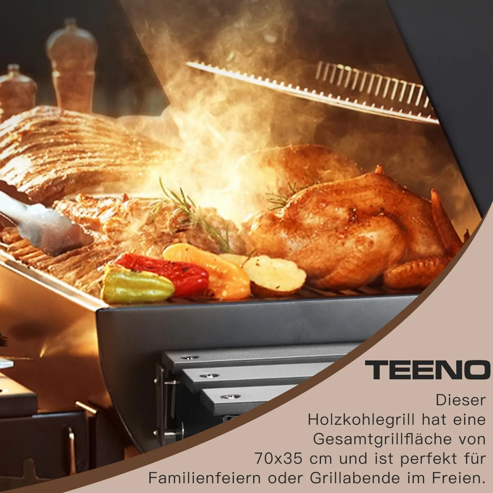 TEENO Barbecue Carbonella XXL z Grillem, Rękawice Antybakteryjne, Termometr, Szafka Popielnik, Regulowany Wylot