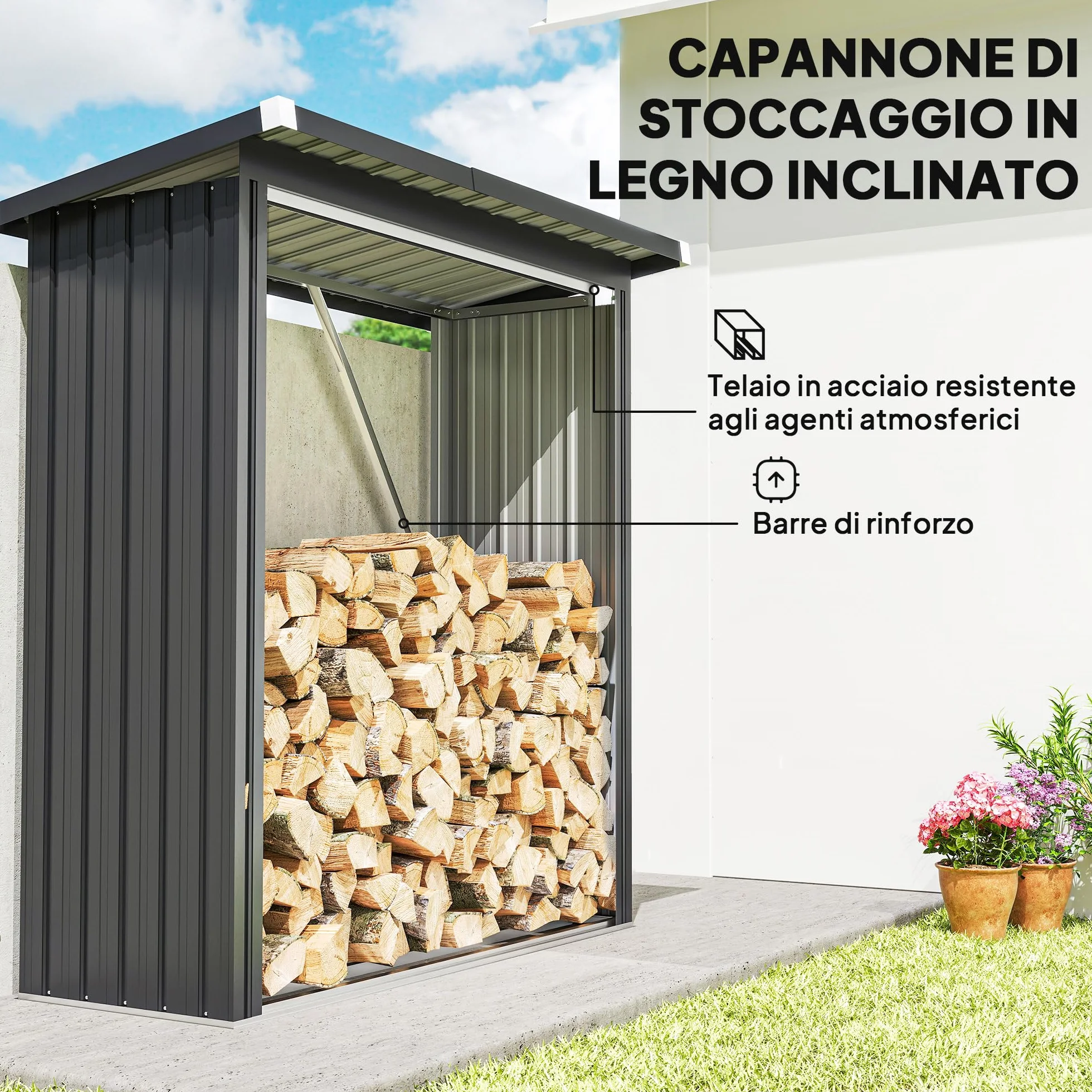 Outsunny Portalegna da Esterno in Acciaio Zincato 0.77 m² 150x66.5x150 cm Grigio Scuro