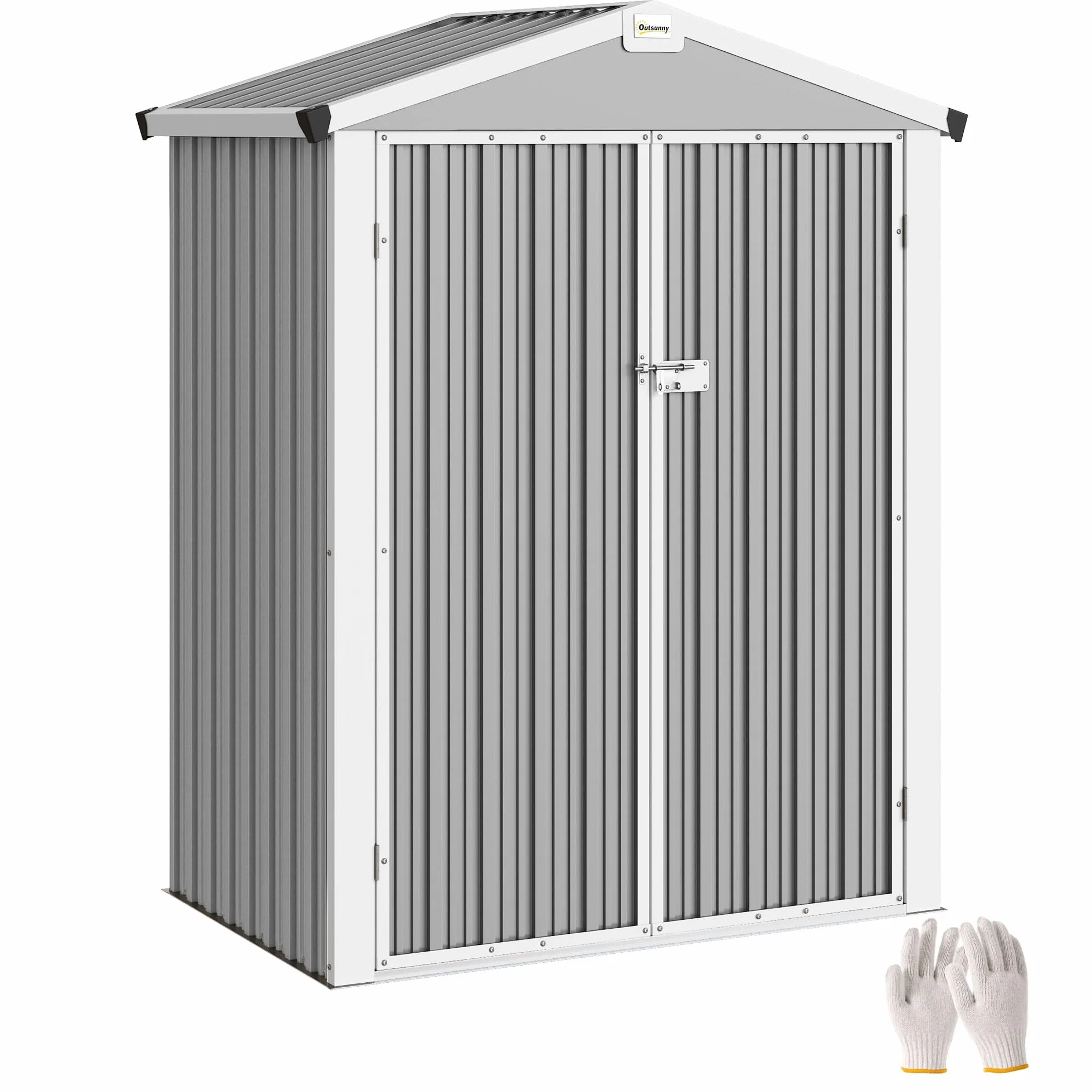 Outsunny Casetta da Giardino 1.1m² Acciaio Zincato Doppie Porte Larghe Bloccabili Tetto Inclinato 133x87x178 cm Grigio Argento