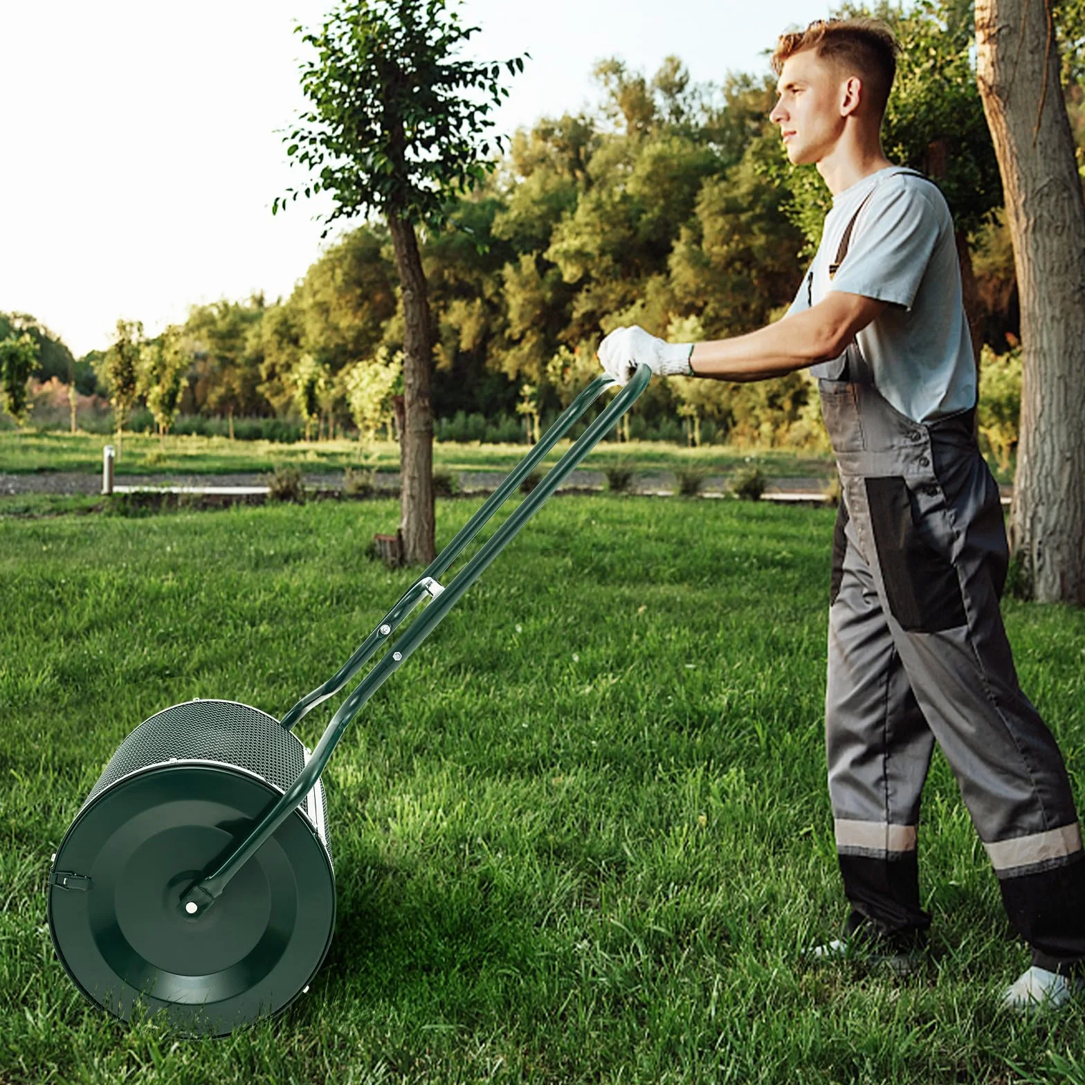 RELAX4LIFE Spandiconcime da 75L, Larghezza 60 cm, Ø Rullo: 41 cm, Spanditore da Giardino/Prato con Cestello in Rete Metallica e Manico, per Compost, Torba, Semi e Terriccio (41 x 60 cm,Verde)