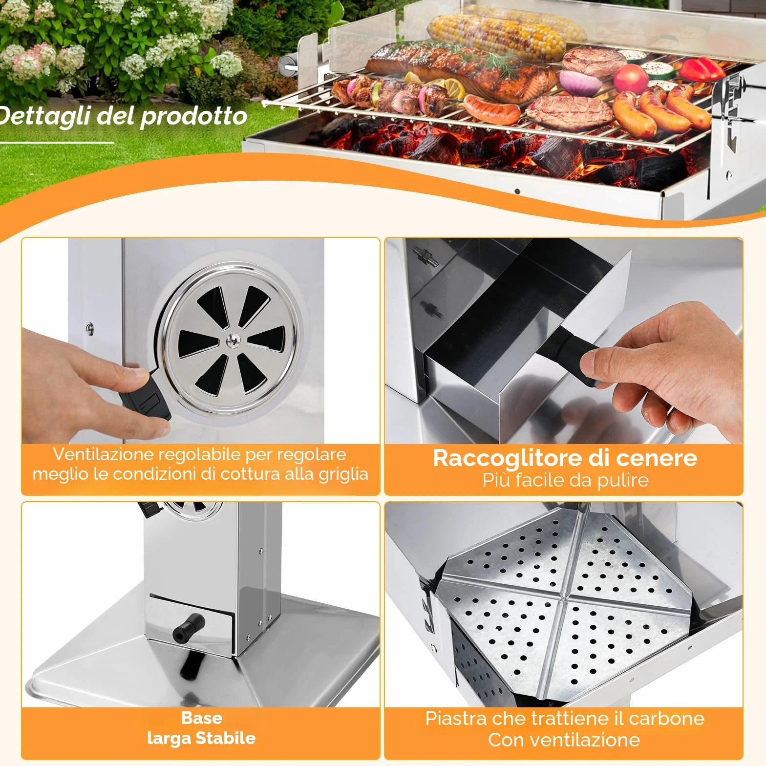 TLGREEN Barbecue a colonna in acciaio inox 63x48x92cm con griglia cromata e altezza regolabile