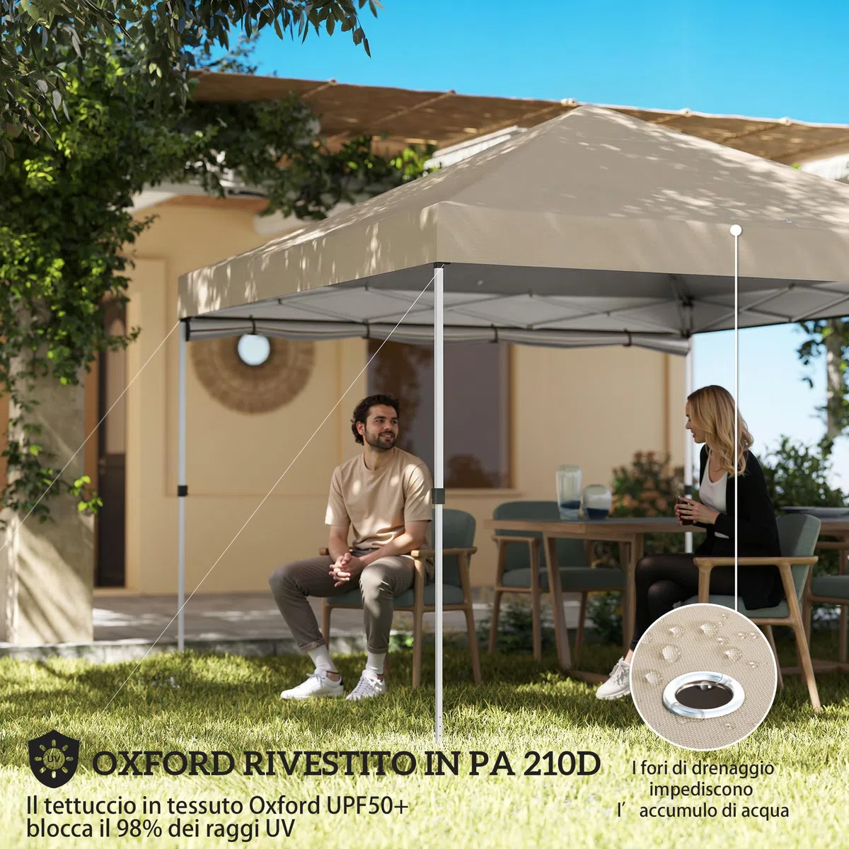 Outsunny Gazebo Pieghevole 3x3m Pop Up con Parete Laterale, Altezza Regolabile, UV50+, Beige