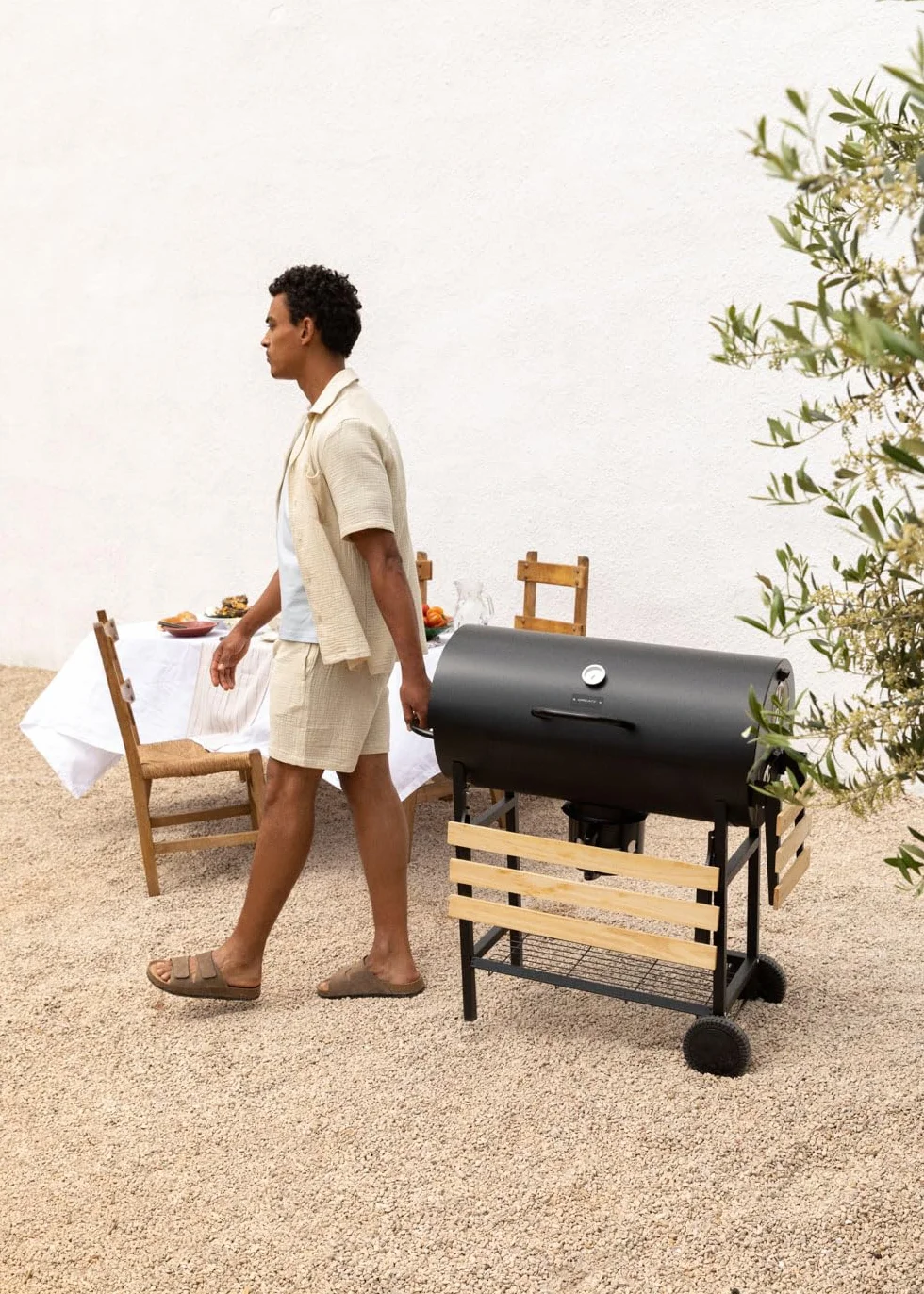 Barbecue affumicatore a carbone con ruote in acciaio inox nero griglia superiore controllo temperatura
