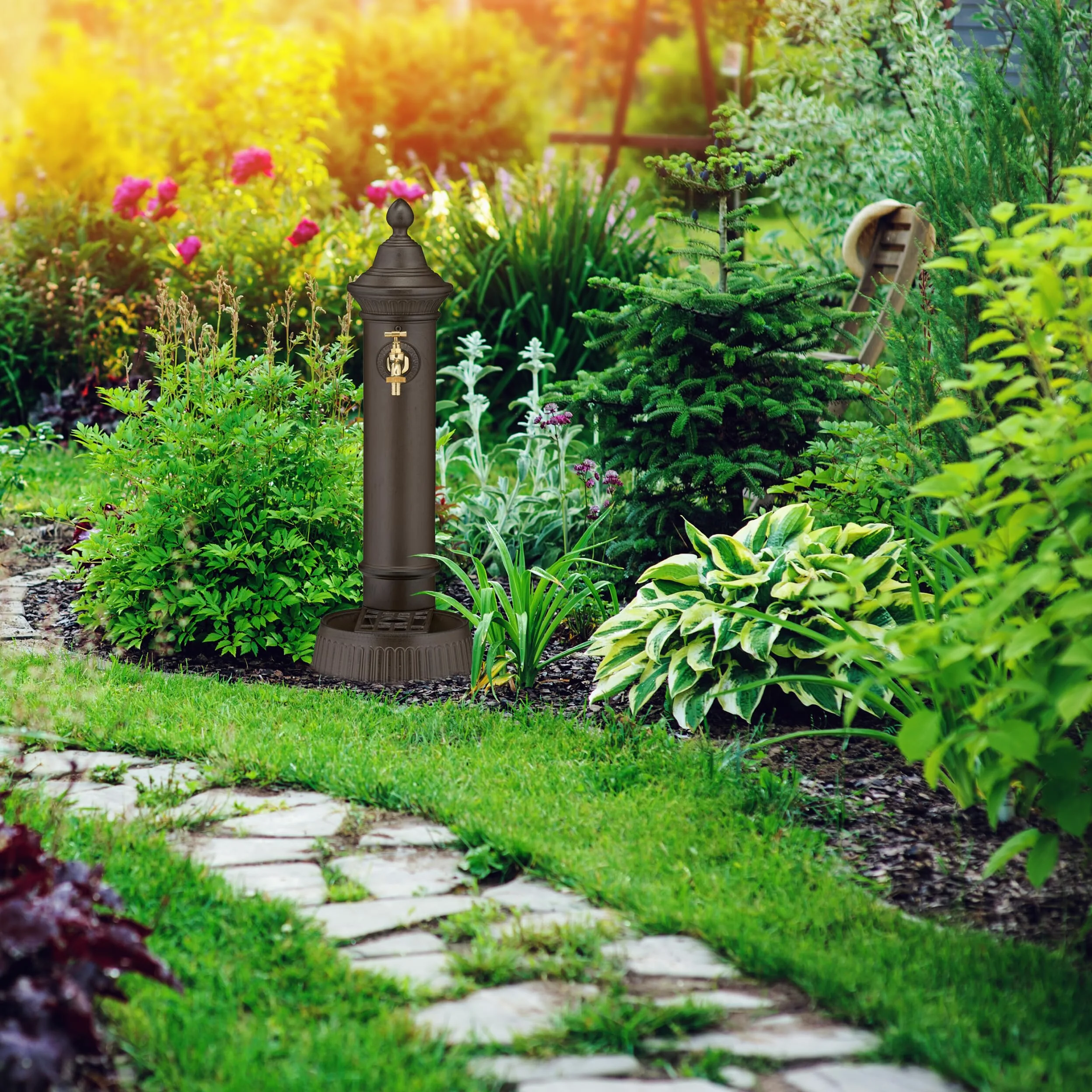 Relaxdays Fontana da Giardino in Stile Antico, Fontanella a Colonna con Rubinetto e Vaschetta, 72x26x31 cm, Marrone