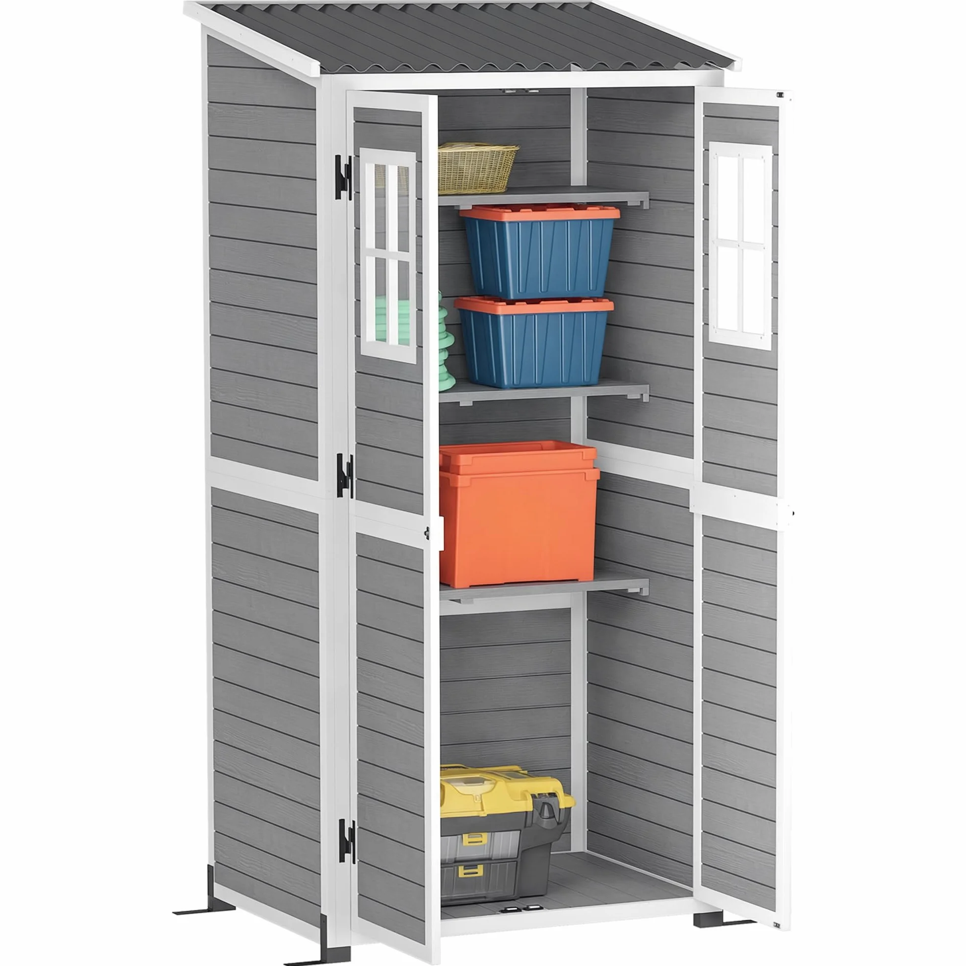 Outsunny Capanno Porta Attrezzi da Giardino in Legno di Abete con 2 Finestre e Ripiani Regolabili, Casetta Attrezzi Giardino Bloccabile, Tetto Spiovente per Patio Terrazza, 91x69x192cm, Grigio Chiaro