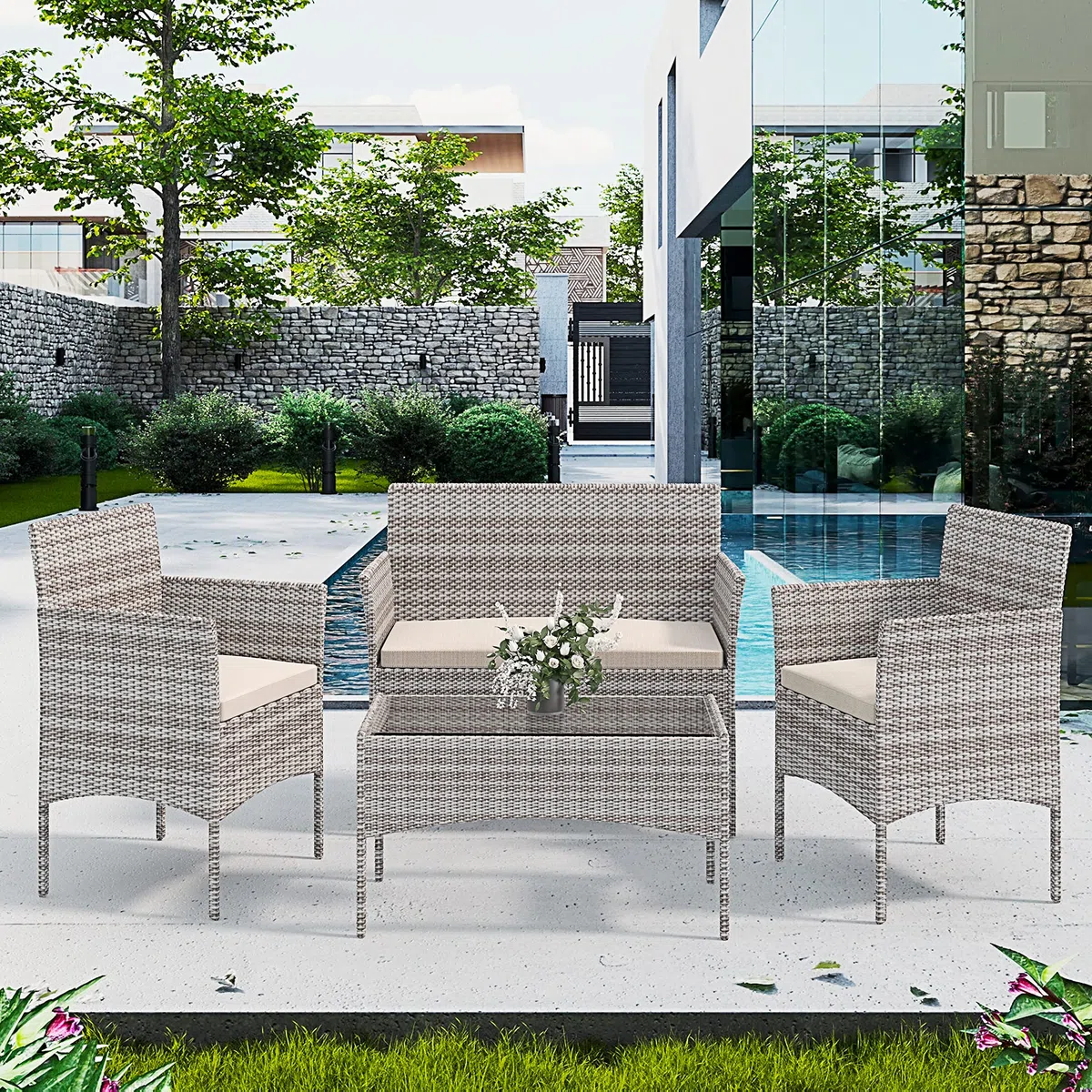 Set Di Mobili da Giardino in Rattan 4 Posti Salottino Salotto E Tavolino Con Ripiano In Vetro 2 Poltrone E Divano 2 Posti Con Cuscini Sfoderabili Giardino Esterno Piscina Veranda Terrazzo (Gray)