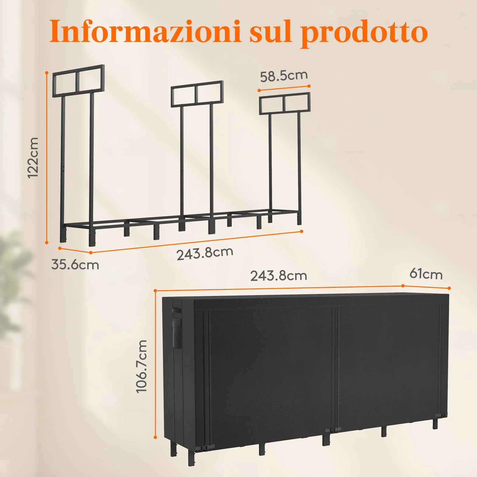 Lifewit Portalegna da Interno 243,8×58,5×122cm Porta Legnaia da Esterno con Copertura Impermeabile, Nero
