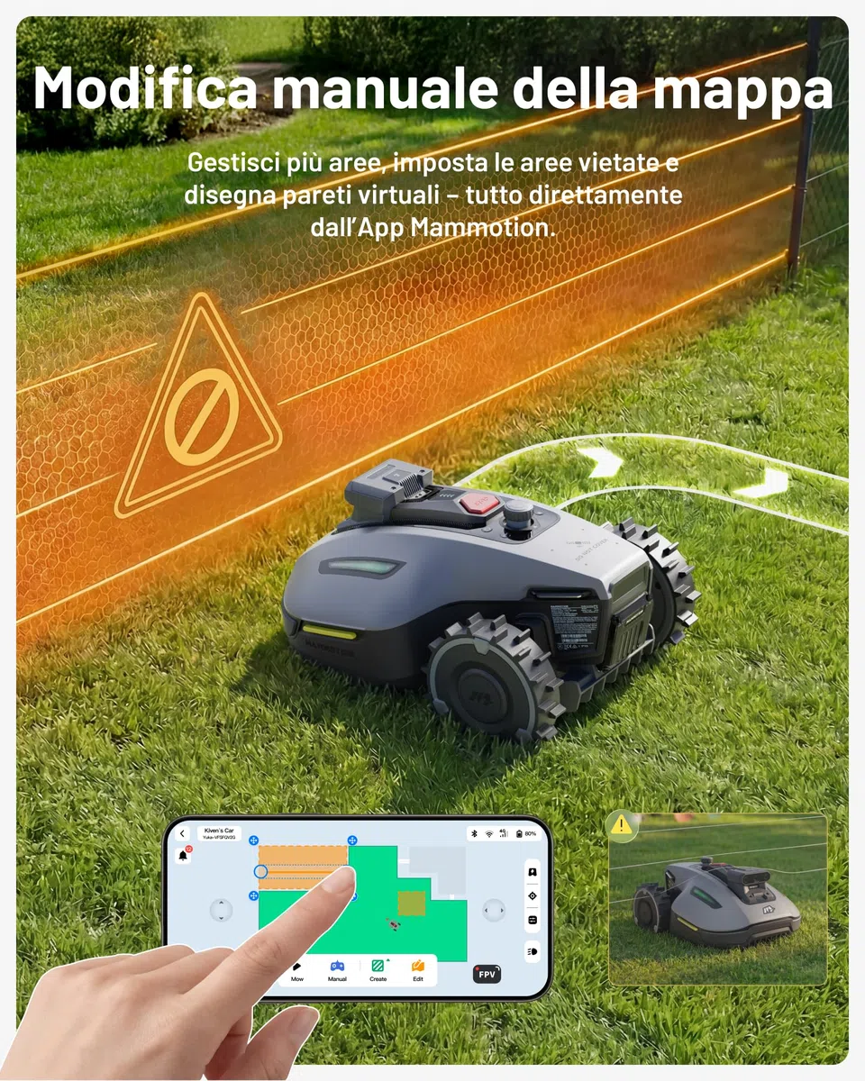 MAMMOTION YUKA mini 2 500 Robot Tagliaerba senza Filo Perimetrale, Nessuna Perdita di Segnale, Senza RTK, Visione AI Tri-Cam, DropMow, Mappatura Auto Multi-zona