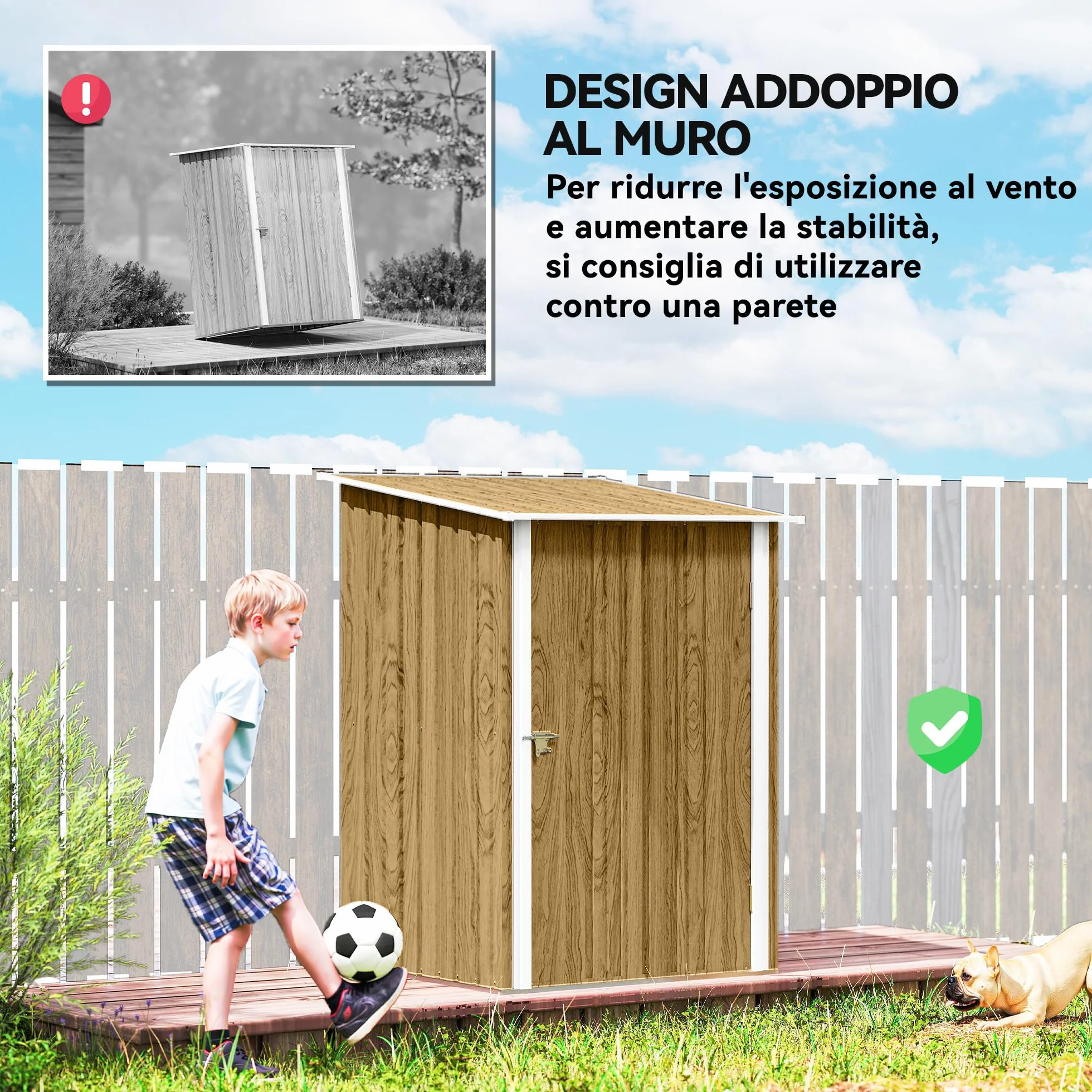 Outsunny Casetta da Giardino 0.92m² Acciaio Zincato 100x104x160 cm Marrone Chiaro Effetto Legno