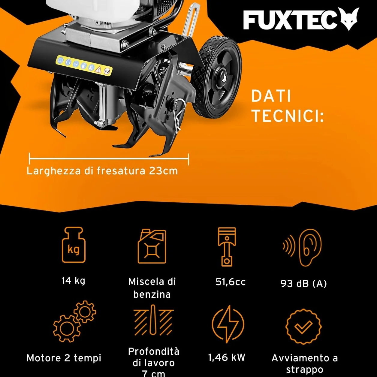 FUXTEC Motozappa a Scoppio FX-AF152 – Potente fresatrice a benzina con motore 2 tempi, larghezza di lavoro 23 cm, cilindrata 51,6 cc, 2 frese da 70 mm, peso netto 14 kg